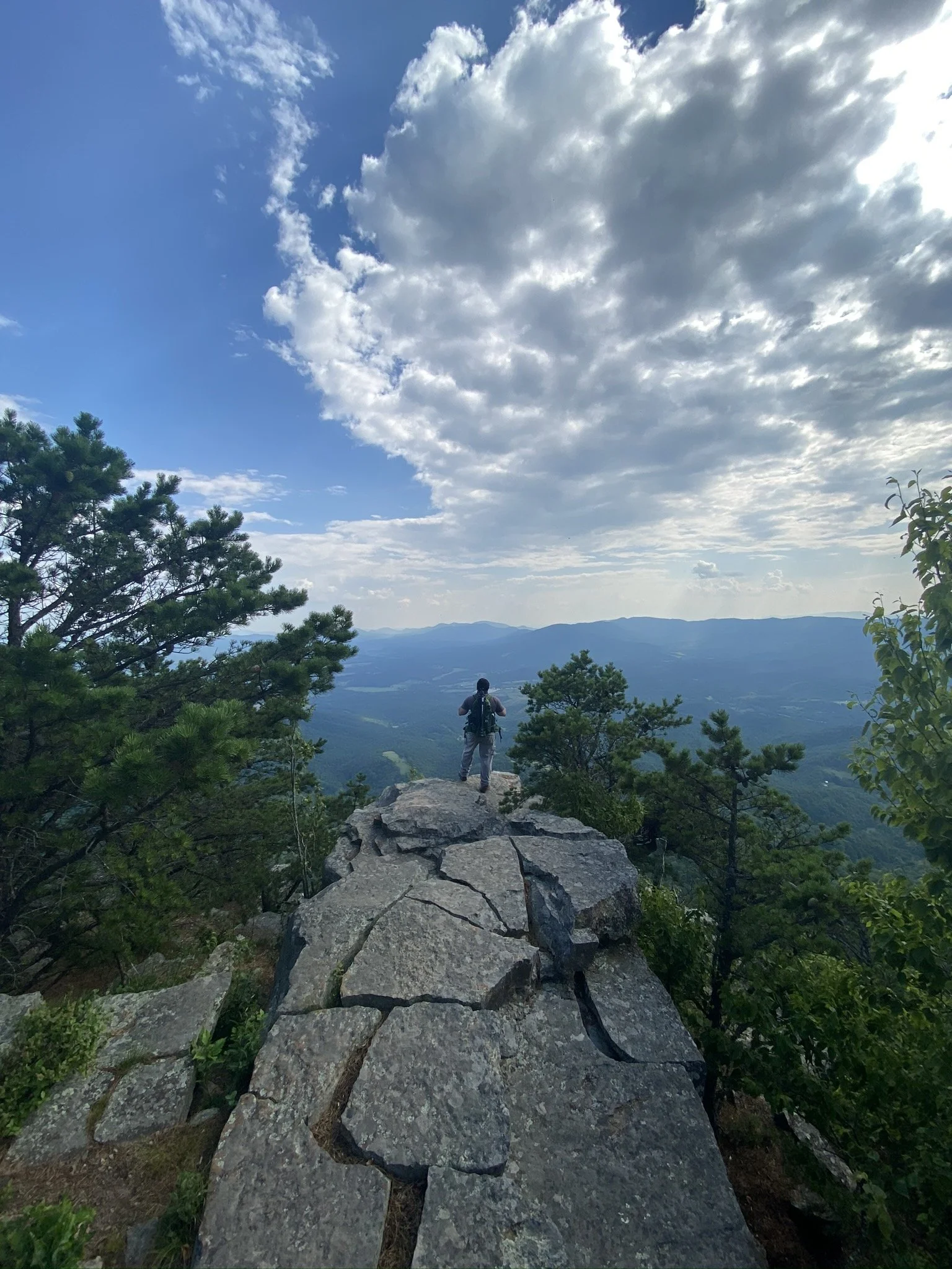 Person standing on a rocky ledge overlooking a forested valley and distant mountains with a partly cloudy sky.