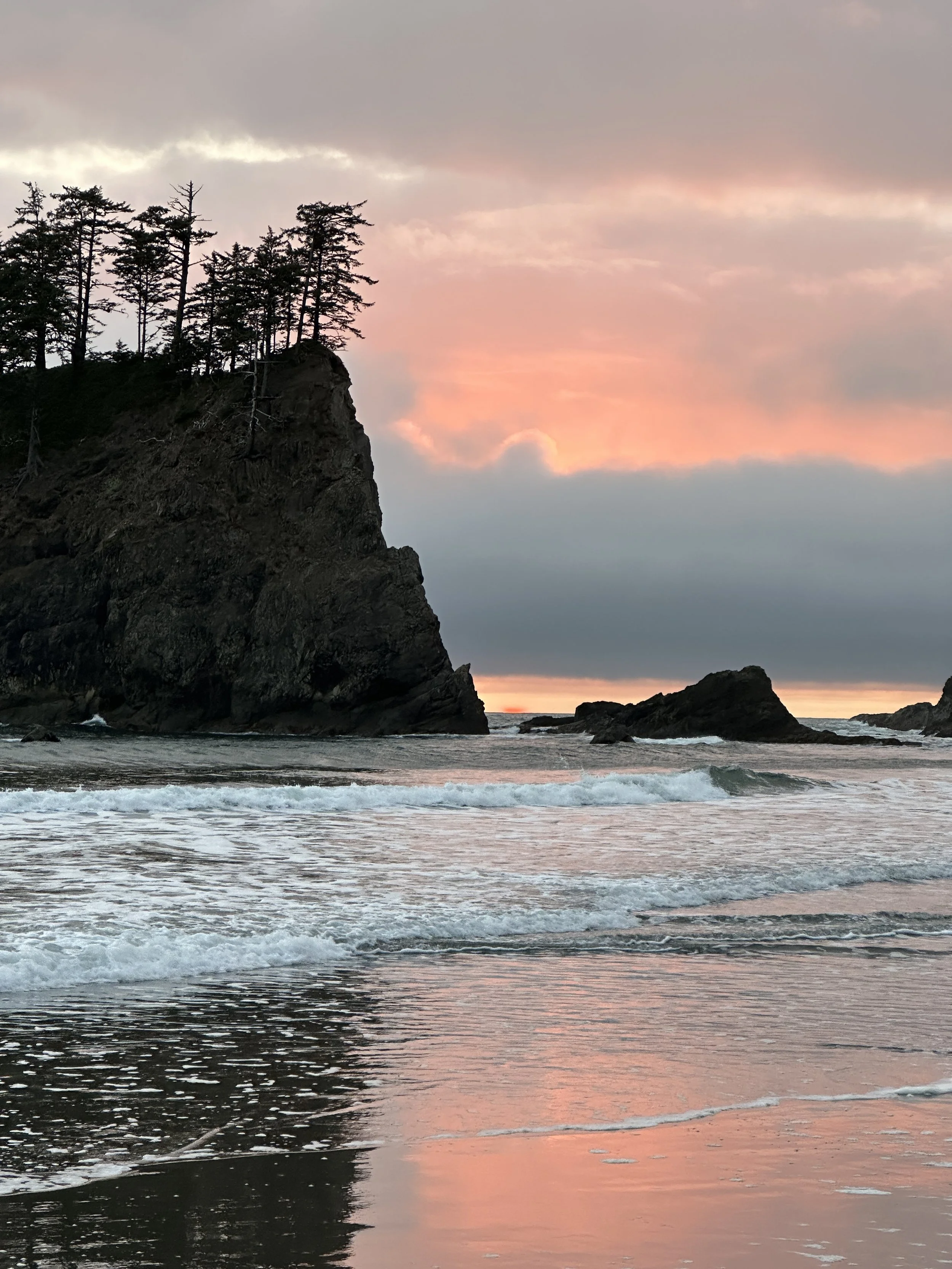 A beach at sunset with large rock formations and trees on a cliff, with pink and orange hues in the sky reflected in the water.