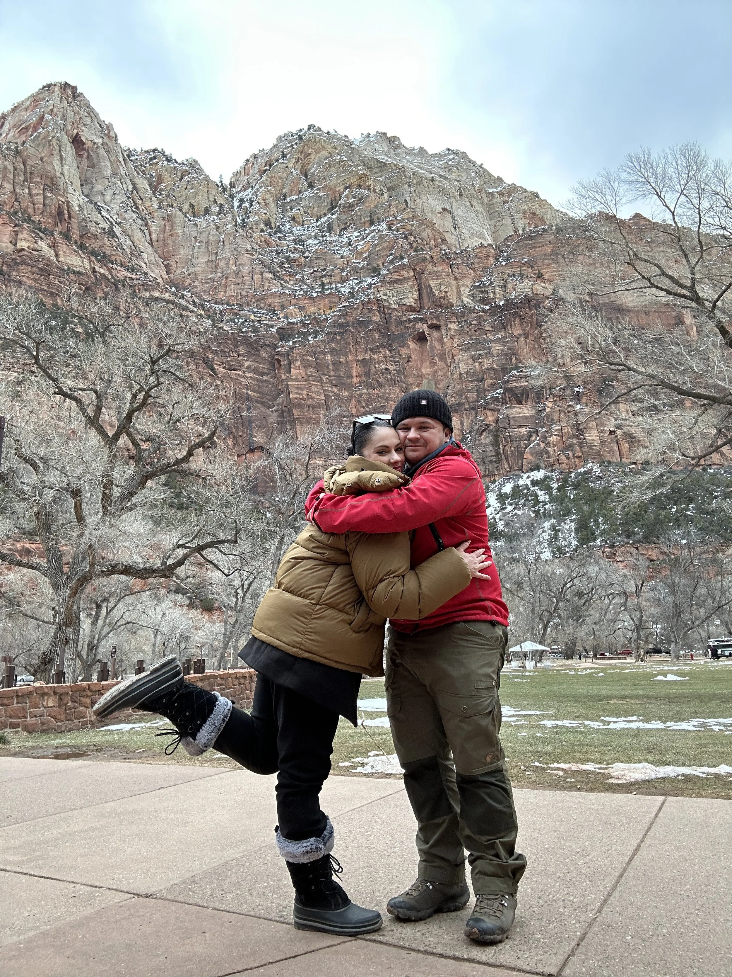 Melbo couple hugging Zion National Park