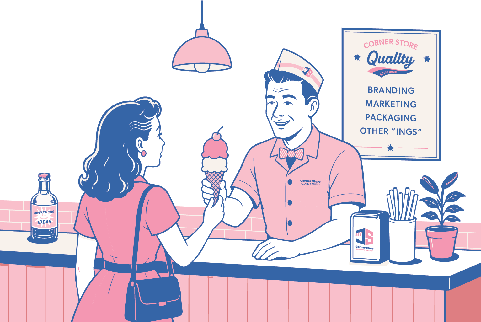 man handing an ice cream cone at corner store counter