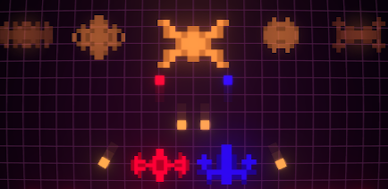 Pixel art spaceship shooting at pixel enemies with colorful projectiles on a grid background.