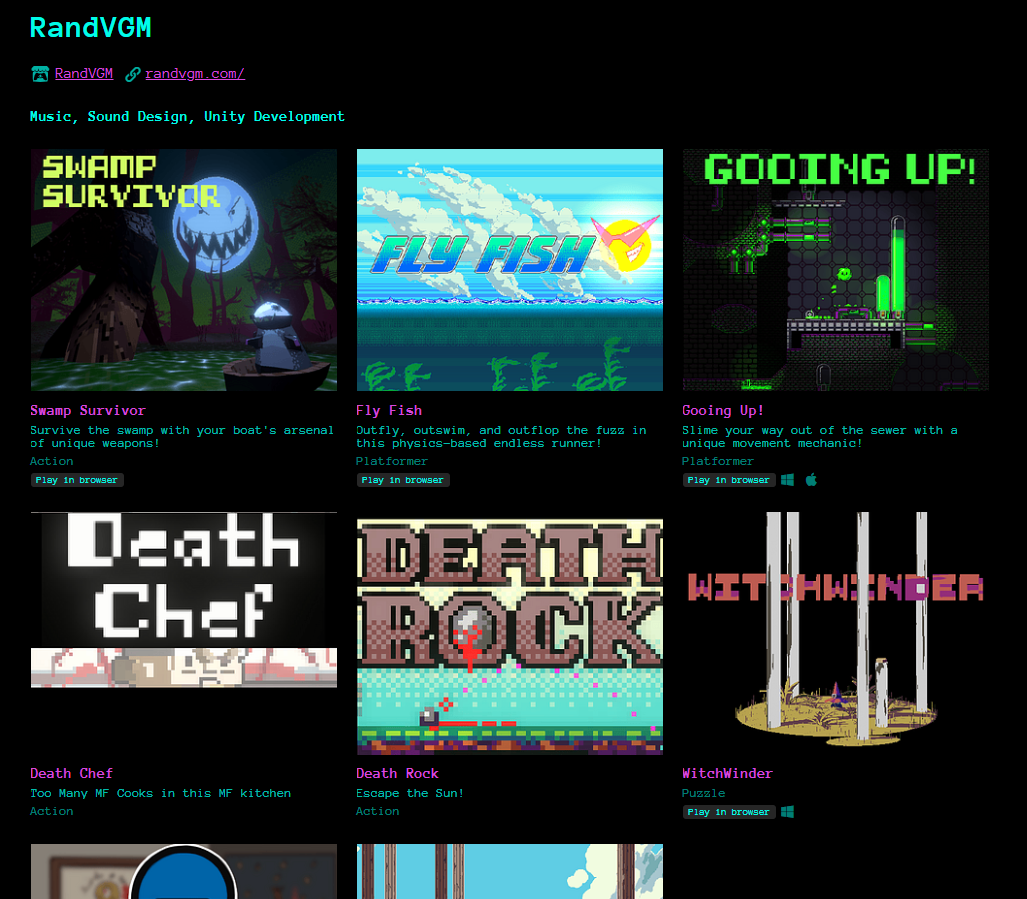 A webpage showcasing pixel art video games with titles like 'Swamp Survivor,' 'Fly Fish,' 'Gooing Up!,' 'Death Chef,' 'Death Rock,' and 'WitchWinder' found on itch.io