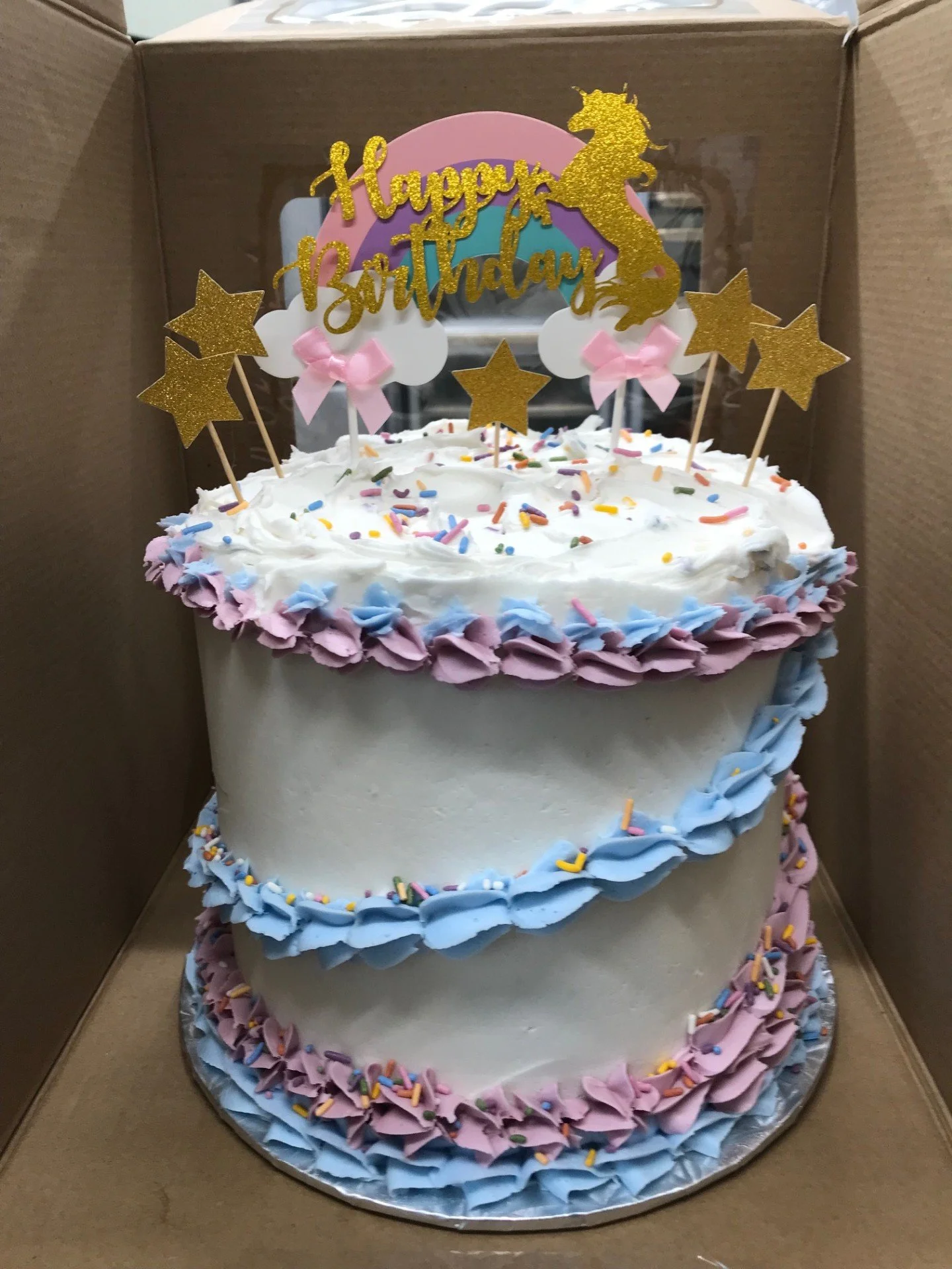 5-tier rainbow layered cake made with natural colourings