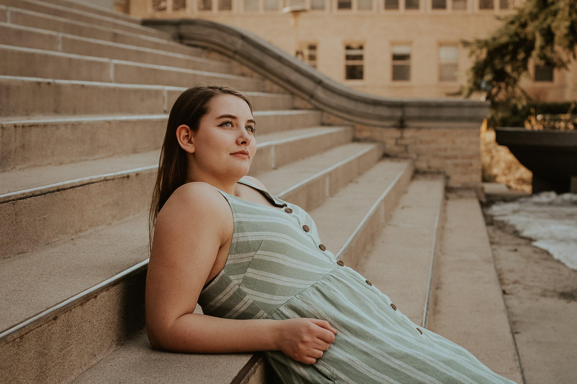 My friend, Nancy modeled for a photo essay that I submitted for a JMC class at CSU. This was in front of a building at the Oval and I love how the slope of the stairs mimics the slant of her posture in this photo. 