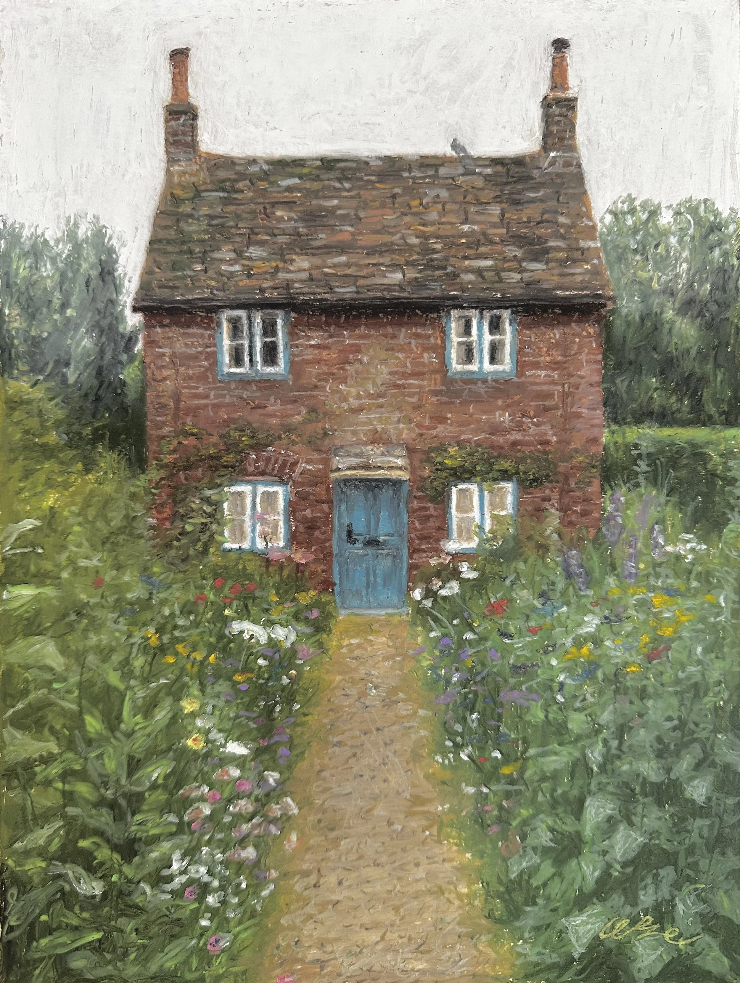 A watercolor painting of a two-story brick house with a blue door, six windows, surrounded by green bushes and flowers. A dirt pathway leads to the house entrance.