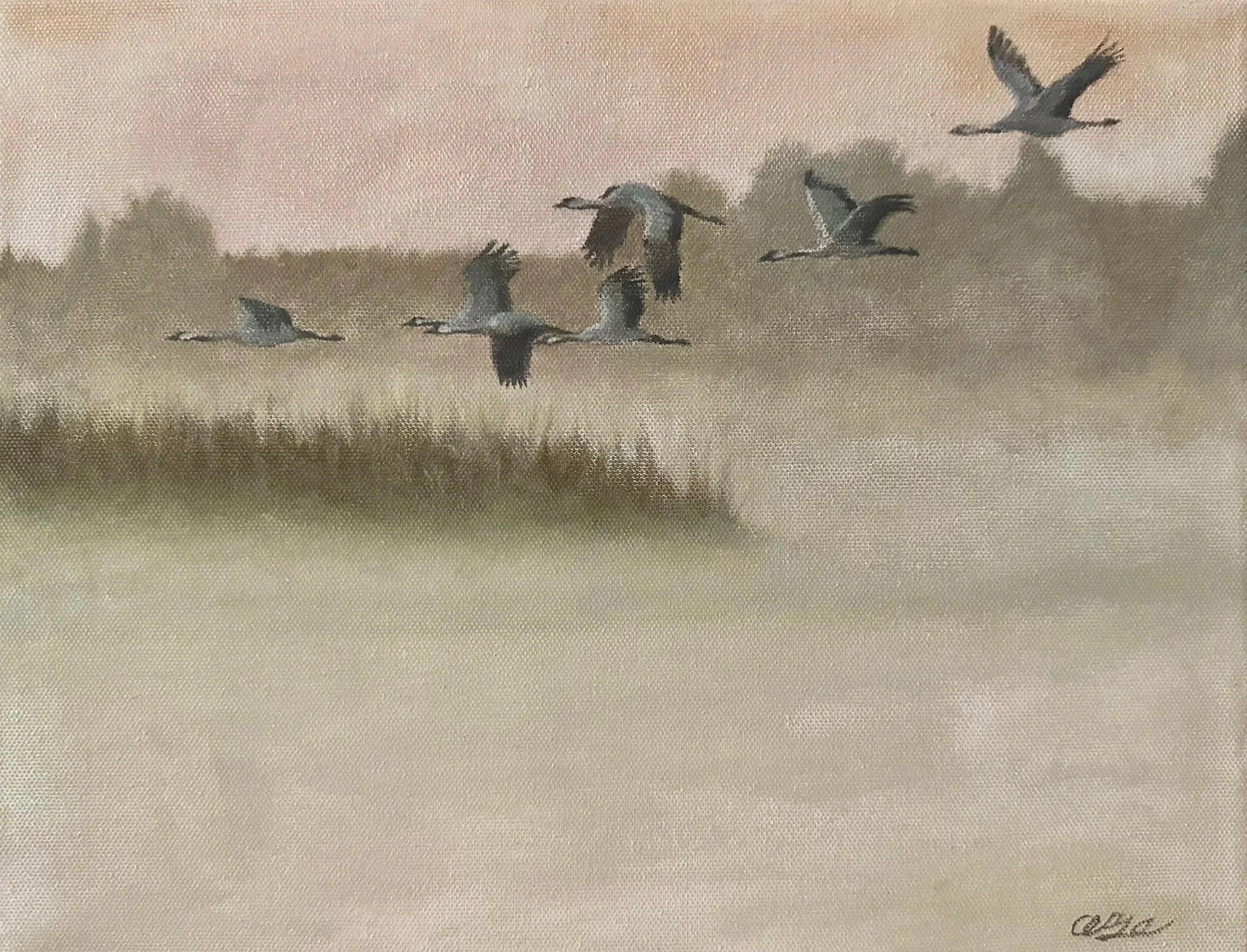 Painting of seven birds flying over a landscape with trees and orange dawn sky.