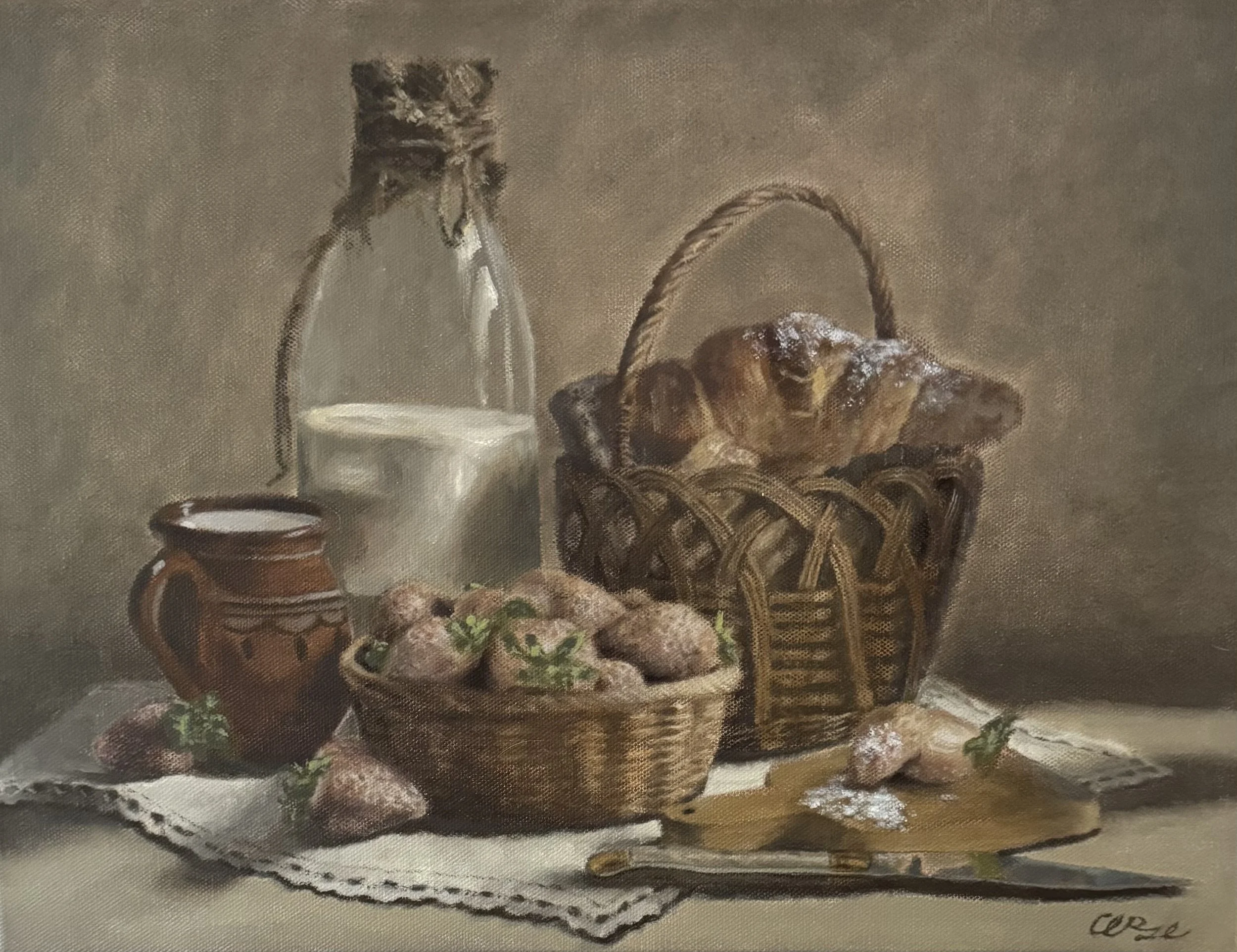 A still life painting depicting a bottle of milk, a cup of coffee, a basket of mushrooms, and some vegetables on a table with a lace cloth.