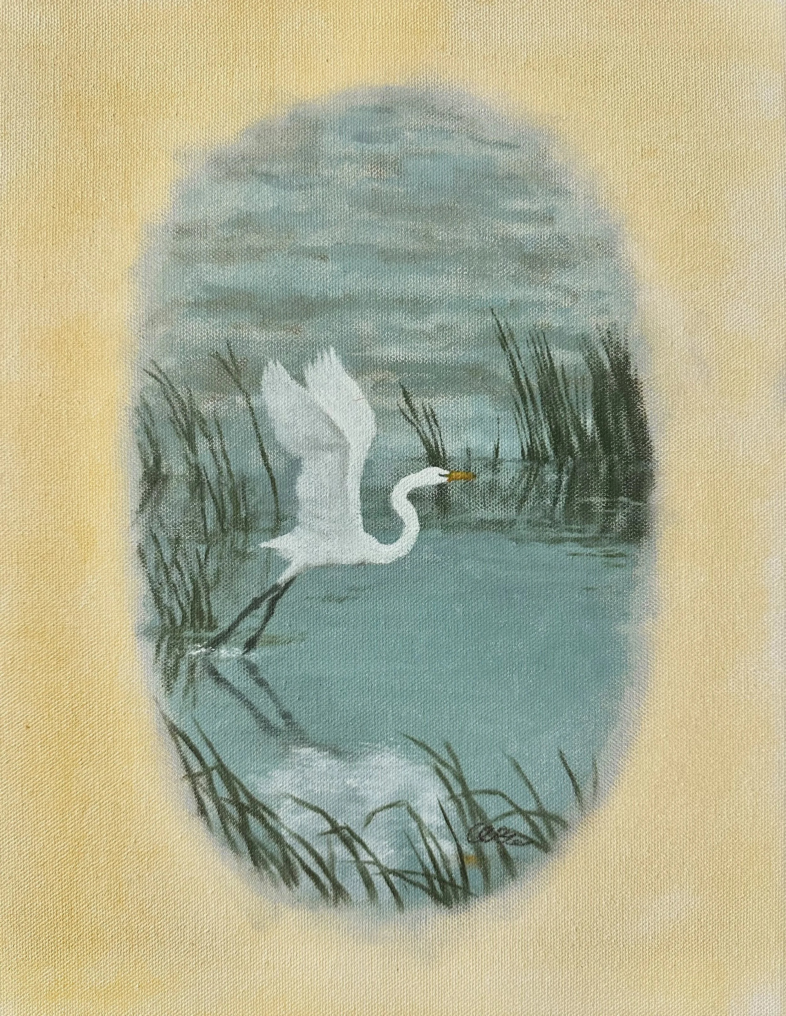 A painting of a white heron standing among tall grass and reeds, set against a misty, blue and gray background.
