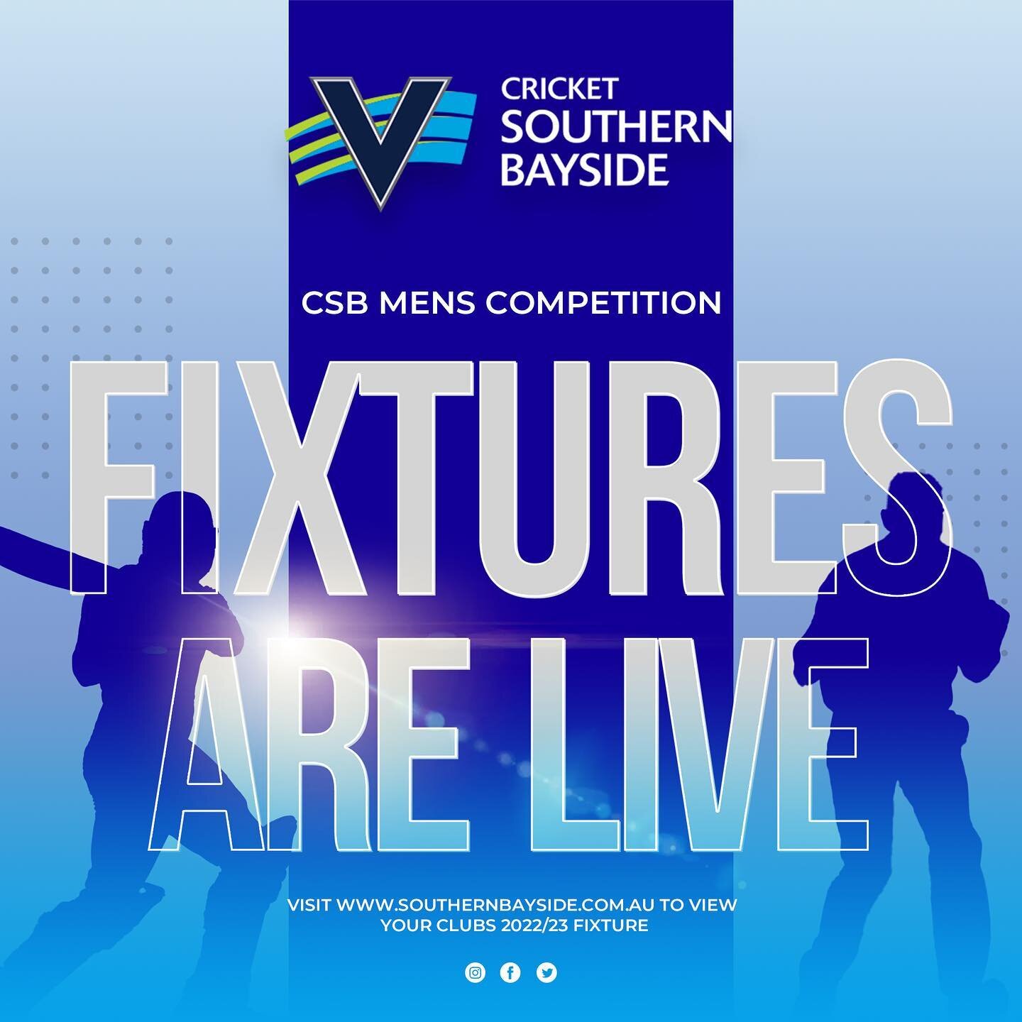 CSB Mens Fixtures are now live! 

Head to our website www.southernbayside.com.au or straight to mycricket to view your clubs fixtures for the 2022/23 season! 

Fixtures are available for Championship to Division 8.