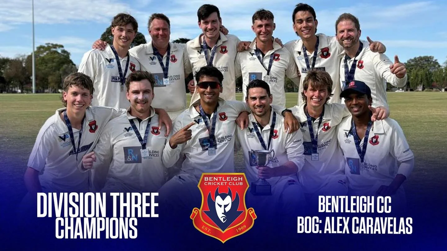 Congratulations to the Bentleigh Cricket Club who won the Div 3 Grand Final!

Bentleigh defeated Dingley comfortably lead by Caravelas&rsquo; 79 and Woodruff&rsquo;s 4/15!

Bentleigh join Murrumbeena, Bonbeach and South Caulfield as second XI&rsquo;s