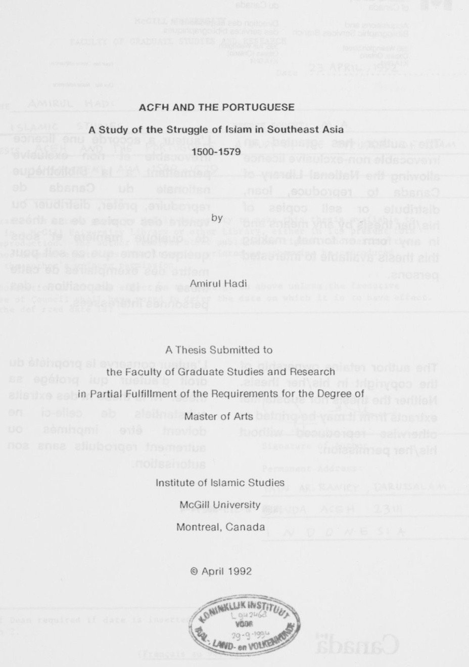 ACEH AND THE PORTUGUESE: A STUDY OF THE STRUGGLE OF ISLAM IN SOUTHEAST ASIA 1500-1579