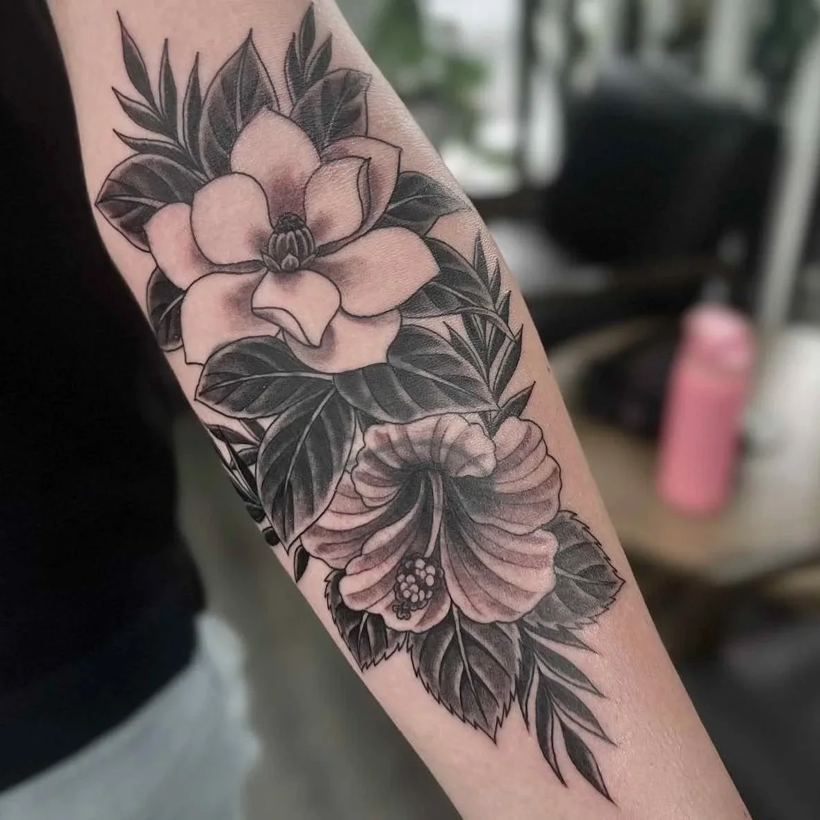 After: Illustrative floral cover-up tattoo on the forearm, Lightwork Tattoo in Sandy Springs