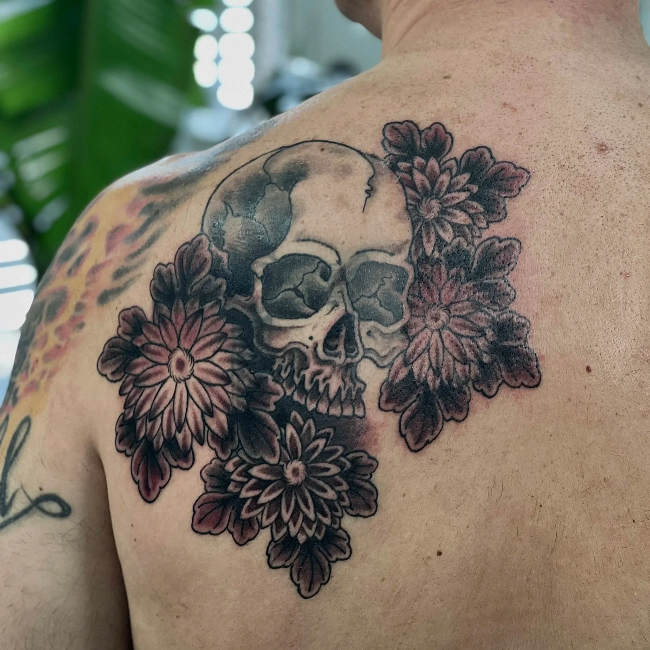 After: Large cover-up tattoo on shoulder, Japanese skull and chrysanthemum design, Sandy Springs tattoo studio