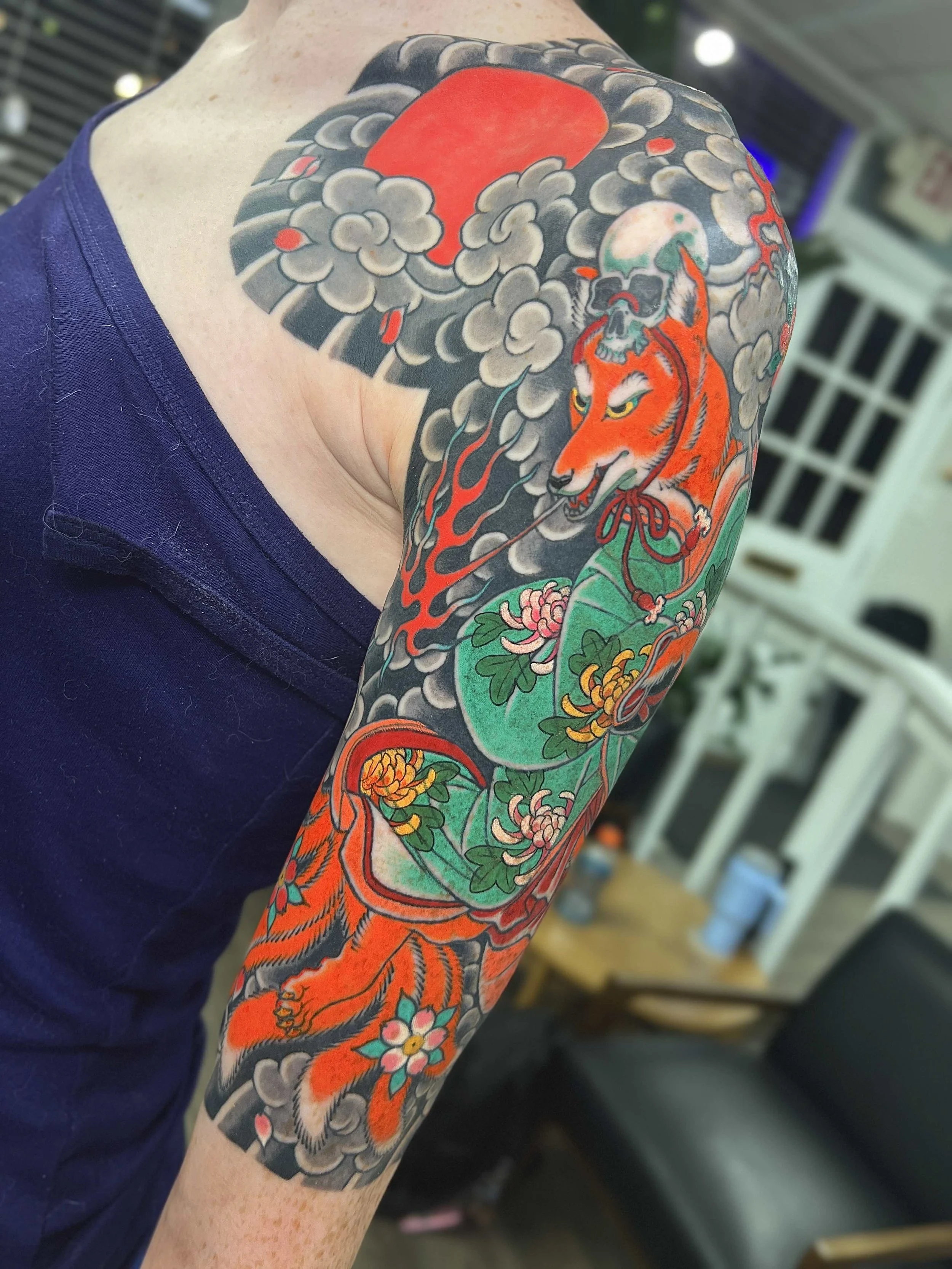 Japanese kitsune half sleeve by Wes Holland in Atlanta, GA