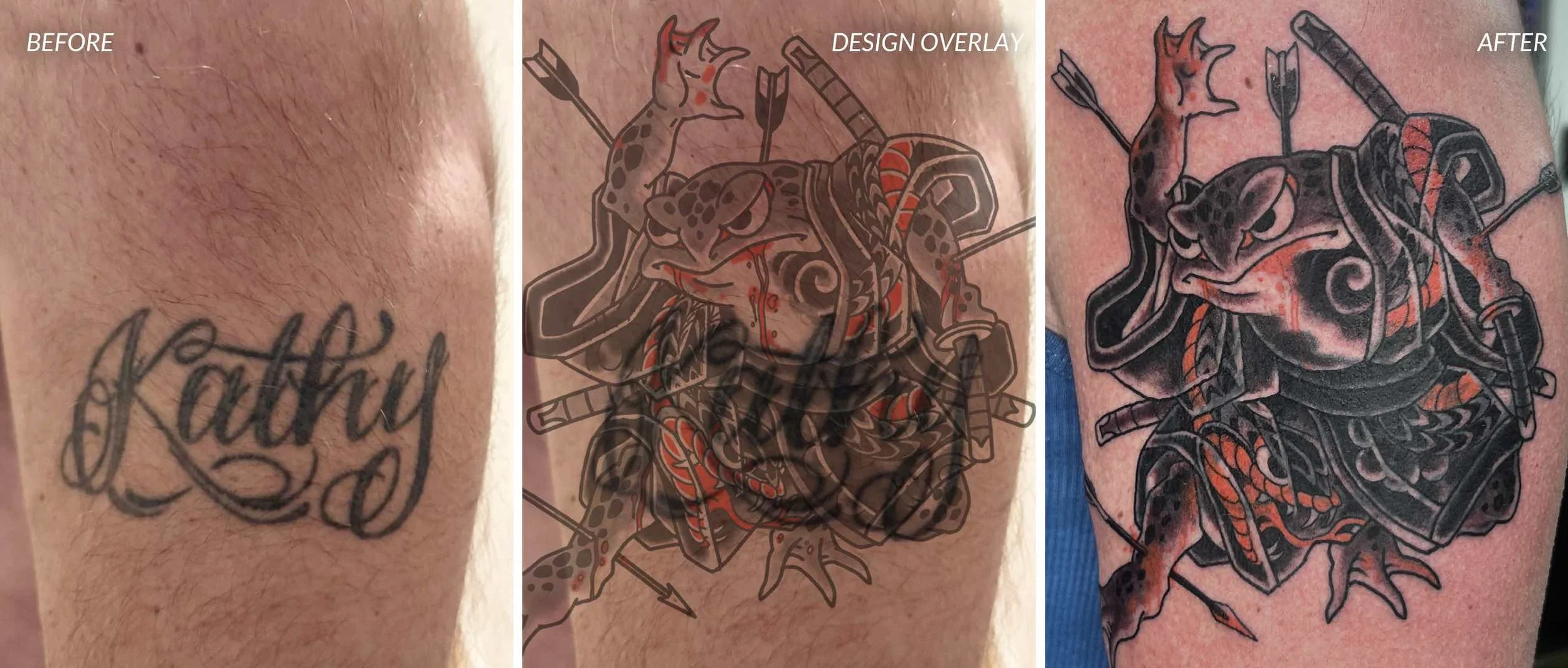 Step by step case studio of a successful tattoo cover-up, Wes Holland: Lightwork tattoo, sandy springs, GA