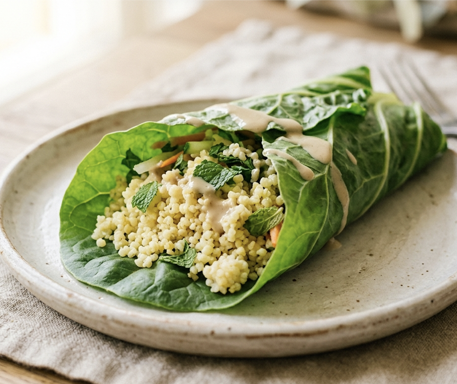 Chard &amp; Millet Wrap with Mint &amp; Tahini (August Longevity Guide) 