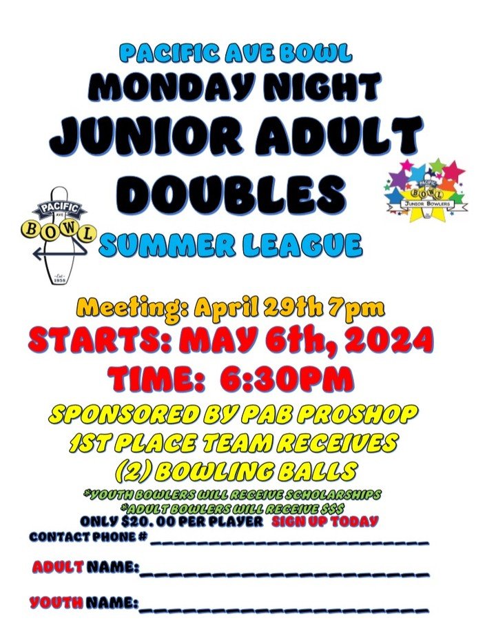 A Brand New League on Monday Night!
We will be hosting a Junior Adult Double Summer League.
The meeting will be on April 29th at 7:00 PM.
1st Place team receives 2 Bowling Balls!