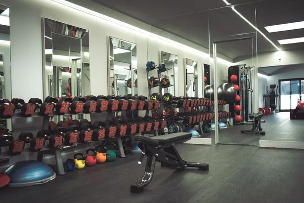 Modern gym interior with rows of dumbbells, kettlebells, mirrors, exercise balls, and an adjustable weight bench