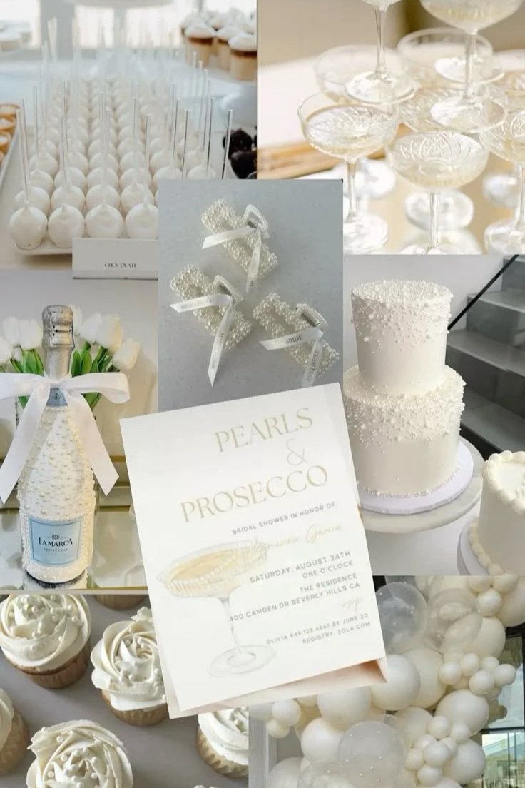 Pearls and prosecco bridal shower with white and pearl-accented cake, Hunter Valley