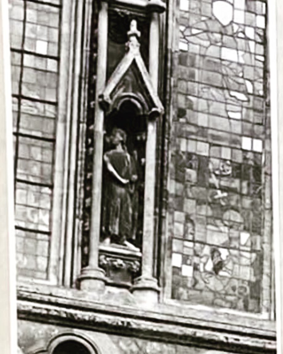 Among the many photographs in one of the many file boxes from Jerry Sampson's extensive work with Wells Cathedral during the 1980's is this wonderful image of an as-yet-cleaned niche among the stained glass on the West Front.  Though with all of the 