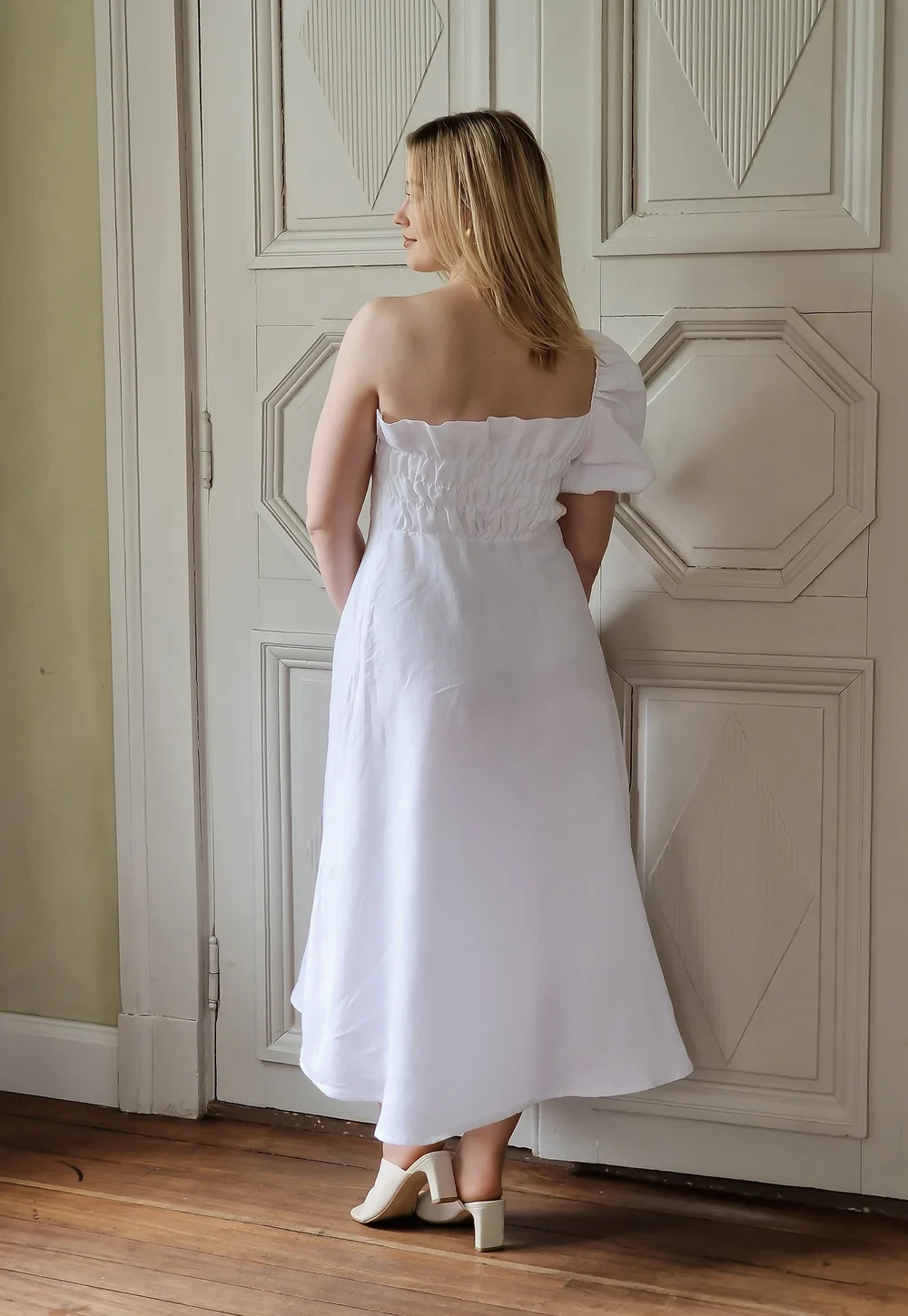 One Shoulder Linen Dress, white  www.barfal.com