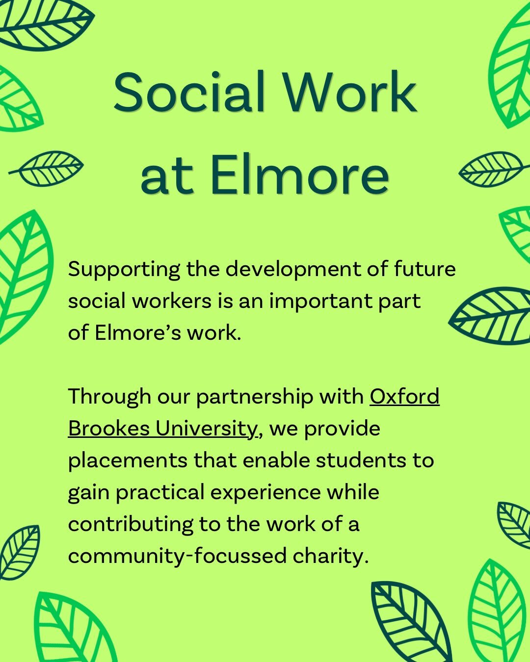 Student placements at Elmore provide an opportunity to turn learning into practice, build professional confidence, and gain valuable insight into person-centered mental health support 🍃

We are proud of our long-standing commitment to social work ed