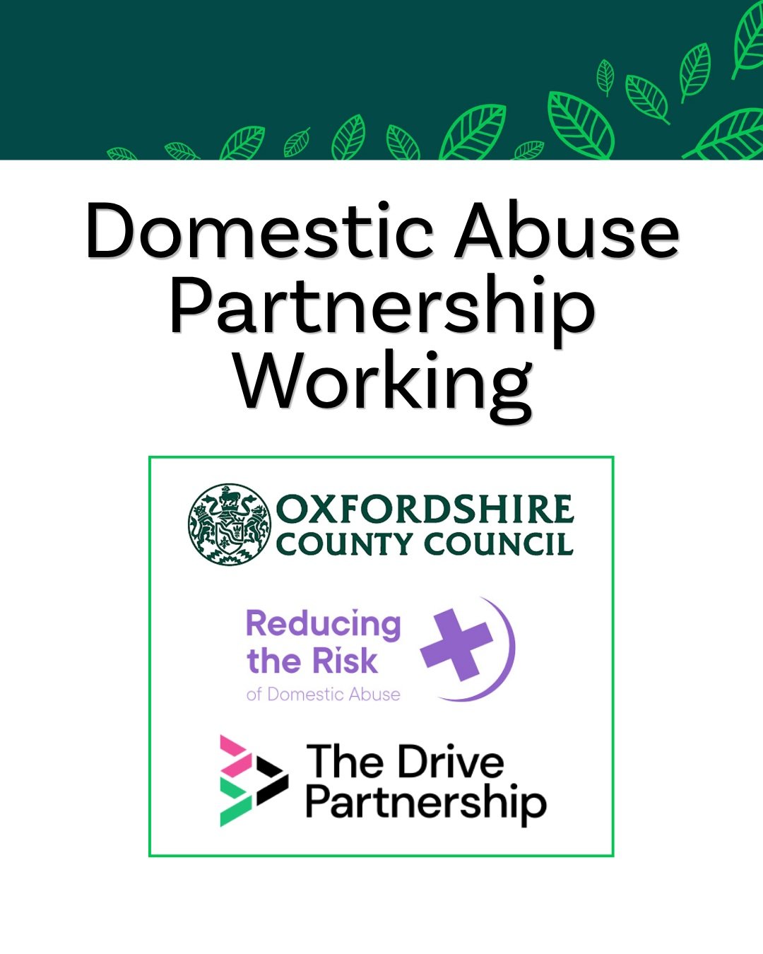 Partnership is at the heart of Elmore&rsquo;s domestic abuse support. 

We&rsquo;re please to work alongside Oxfordshire County Council, Reducing the Risk and Drive to deliver support for families affected by domestic abuse across Oxfordshire. 

For 