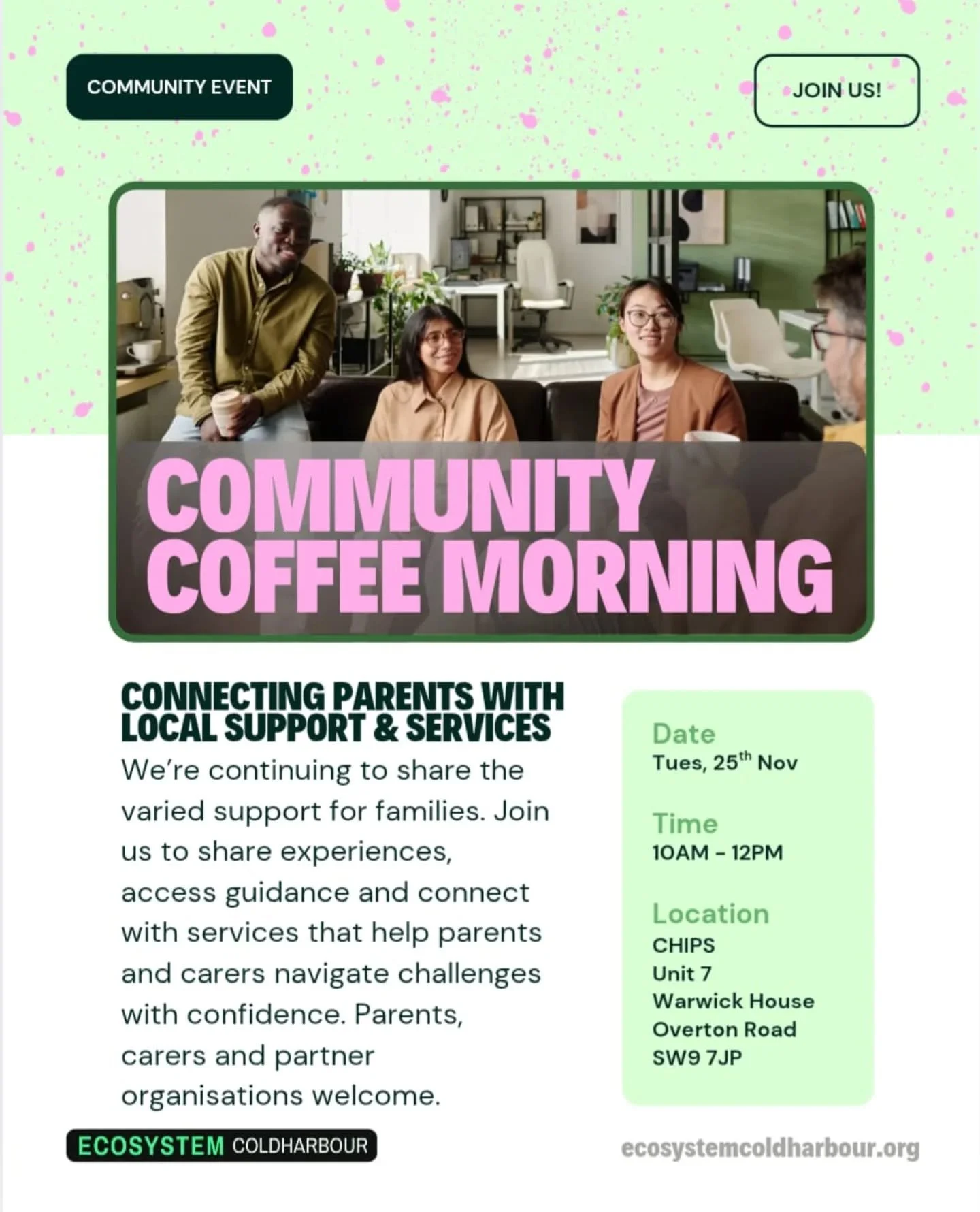 🌿 Community Coffee Morning ☕
Connecting parents and carers with local support &amp; services

Join us next Tuesday 25th November for a relaxed, welcoming space to share experiences, access guidance, and connect with services supporting children, you