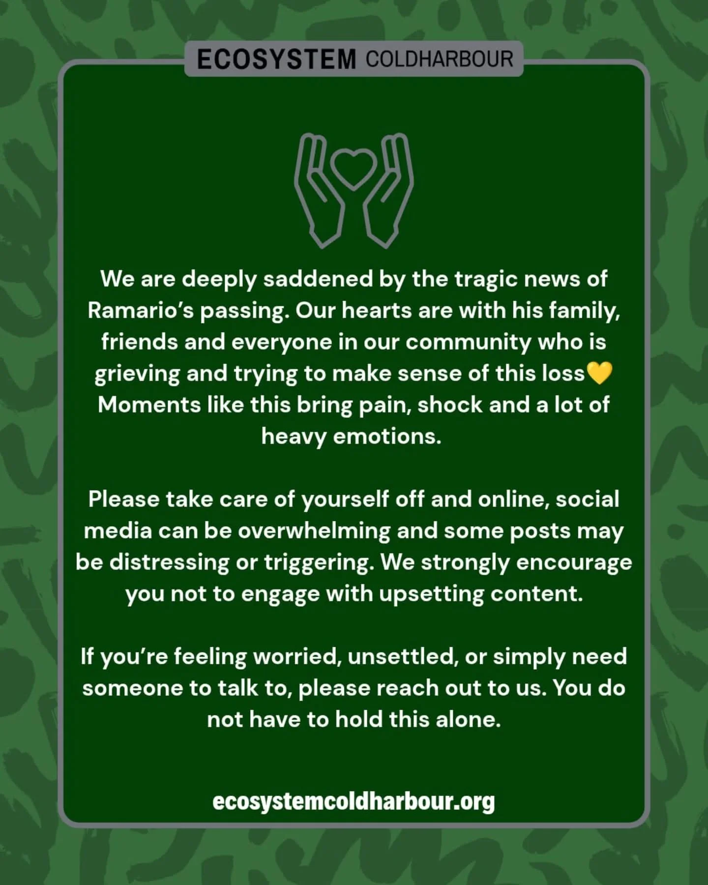 Our deepest condolences are extended to Ramario's family, friends and all those who are grieving this loss.

We&rsquo;re working with partners and the community to offer support both now and in the weeks ahead.

If you come across anything online tha