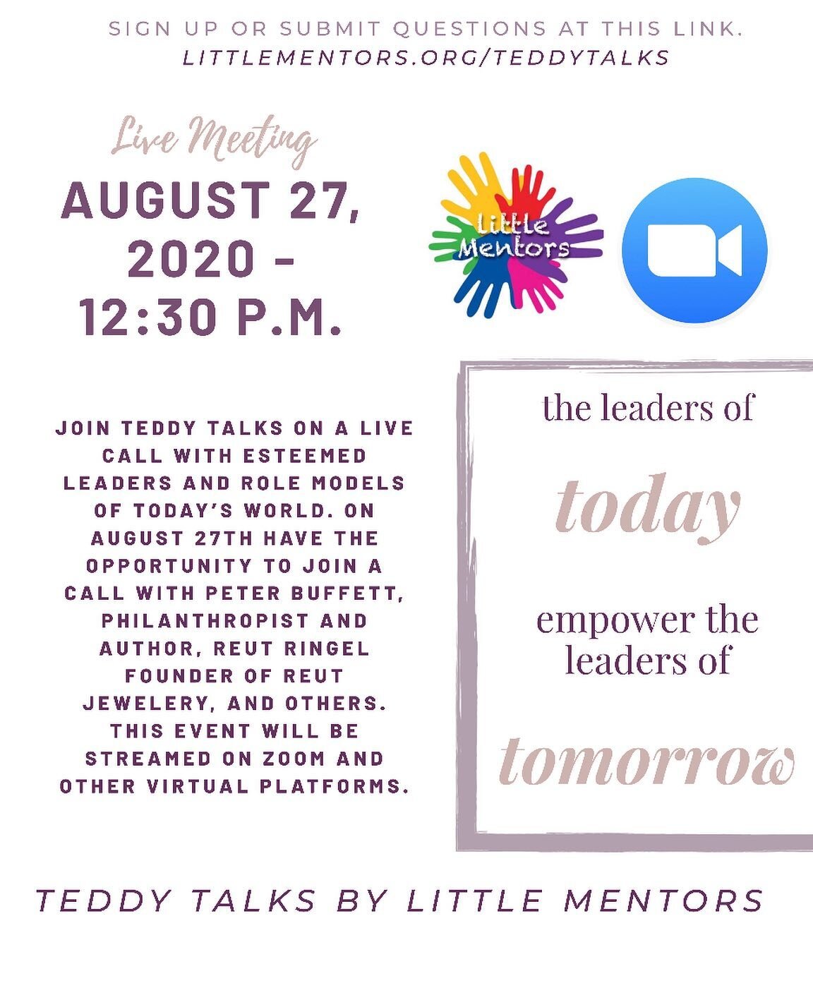 Little Mentors presents their new initiative Teddy Talks! 🧸💕Sign up to watch leaders and role models empower, inspire, and motivate at littlementors.org/teddytalks. Dm us for more information!