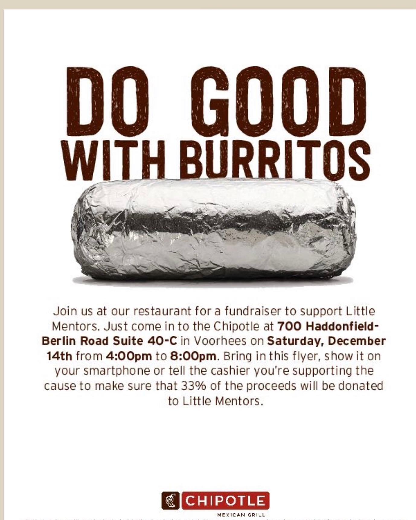 Come support @littlementors at @chipotle this afternoon! Show the workers this flyer so 33% of the proceeds will be donated to us. It is from 4-8 today at the Chipotle in the flyer. #littlementors #fundraising