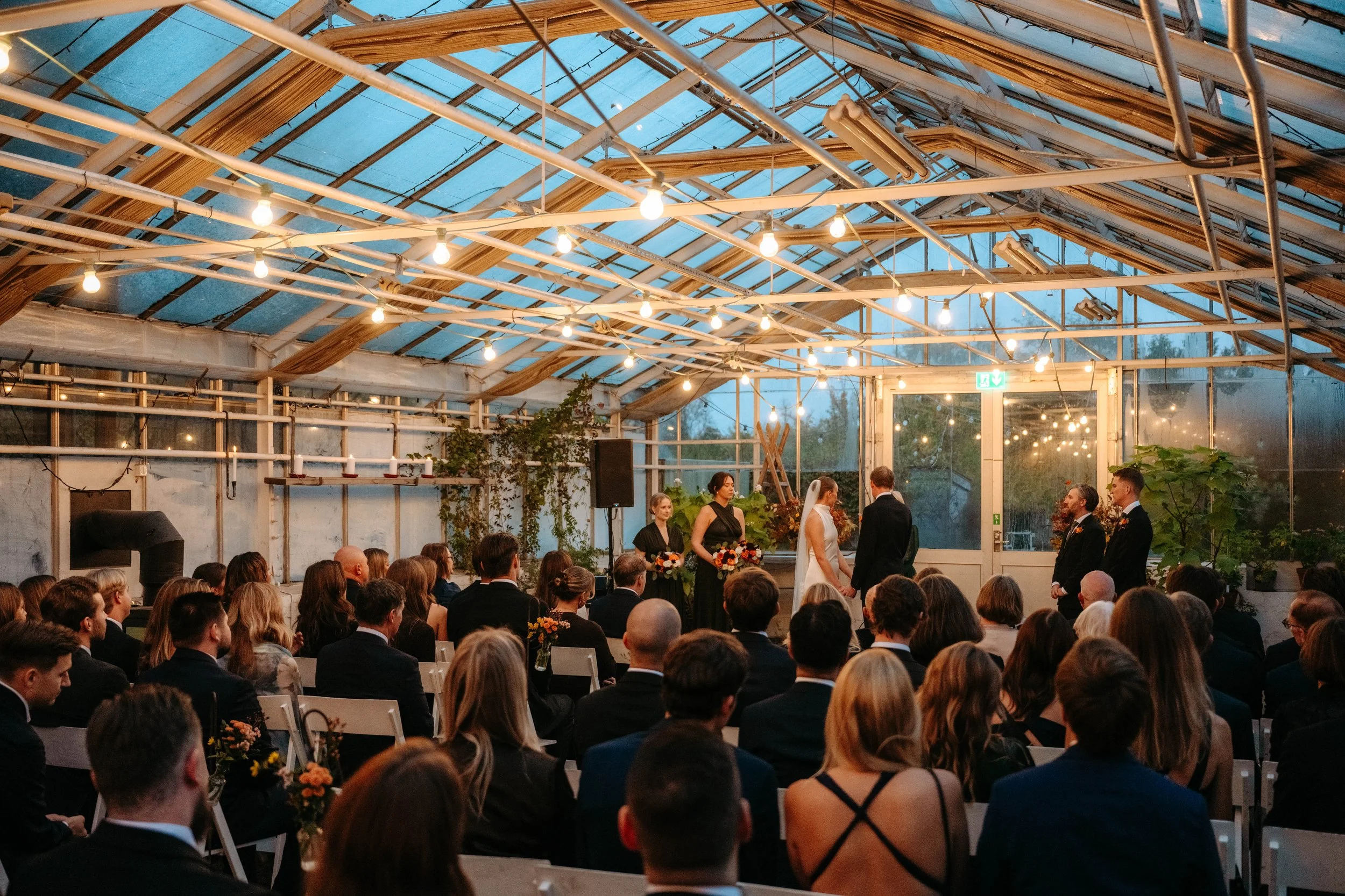 Vigsel inne i växthus med mysig belysning och skymning utanför - älskart! 