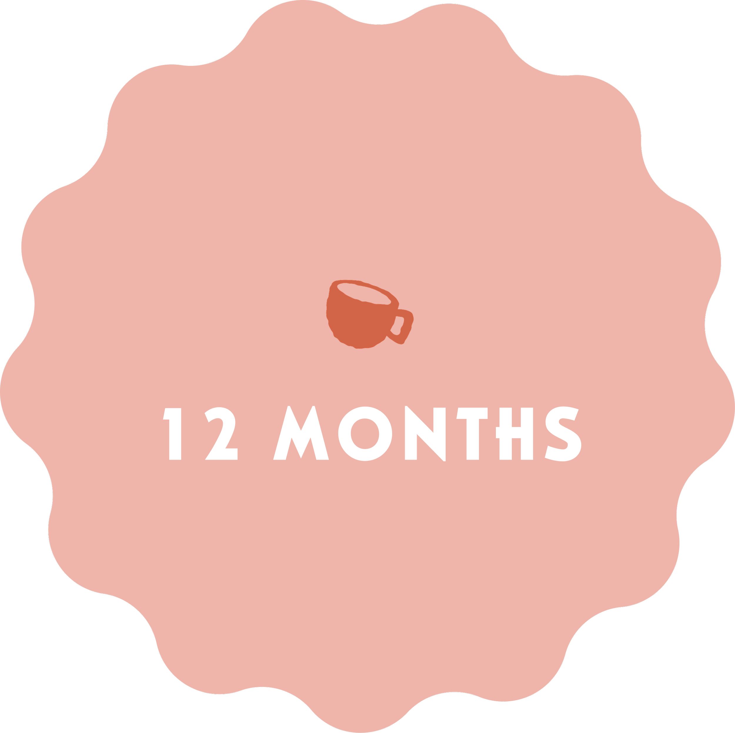 A pink scalloped badge with a coffee cup icon and the text '12 Months' in white.