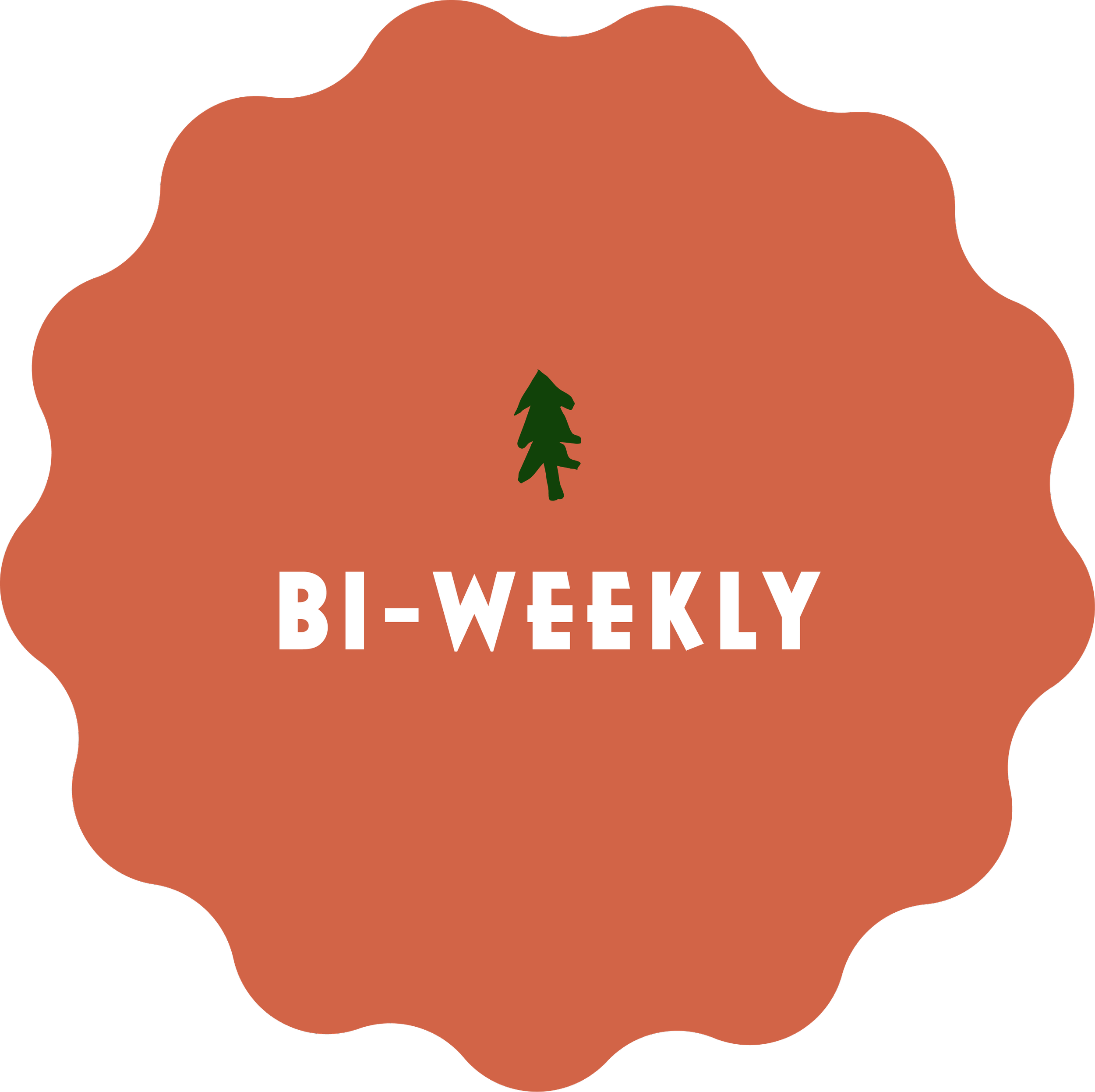 A badge with a brown scalloped background, a green pine tree graphic at the top, and the text 'BI-WEEKLY' in white capital letters in the center.
