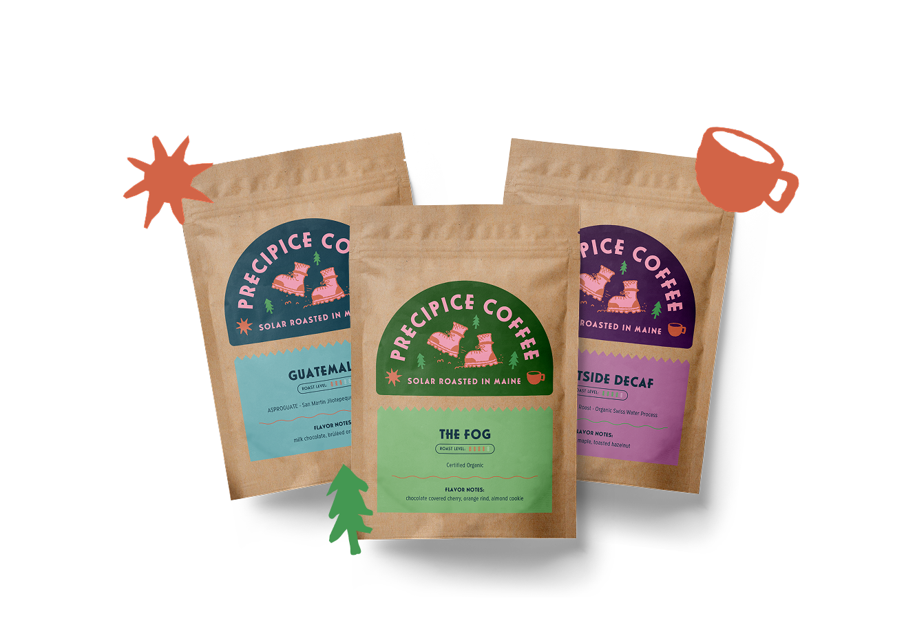 Three packages of Precipice Coffee with colorful labels, surrounded by graphic icons of a star, a tree, and a mug.
