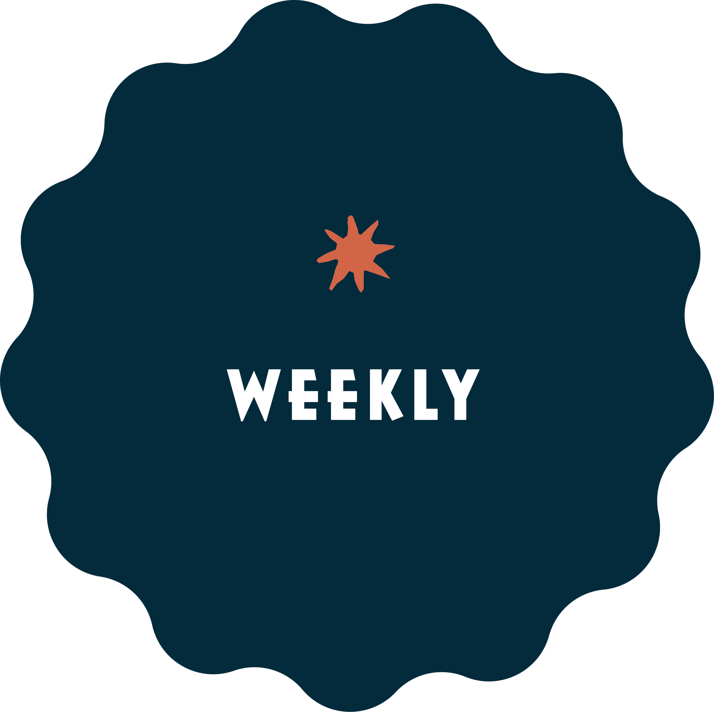Blue badge with scalloped edges, a star icon at the top, and the word 'WEEKLY' in white capital letters in the center.