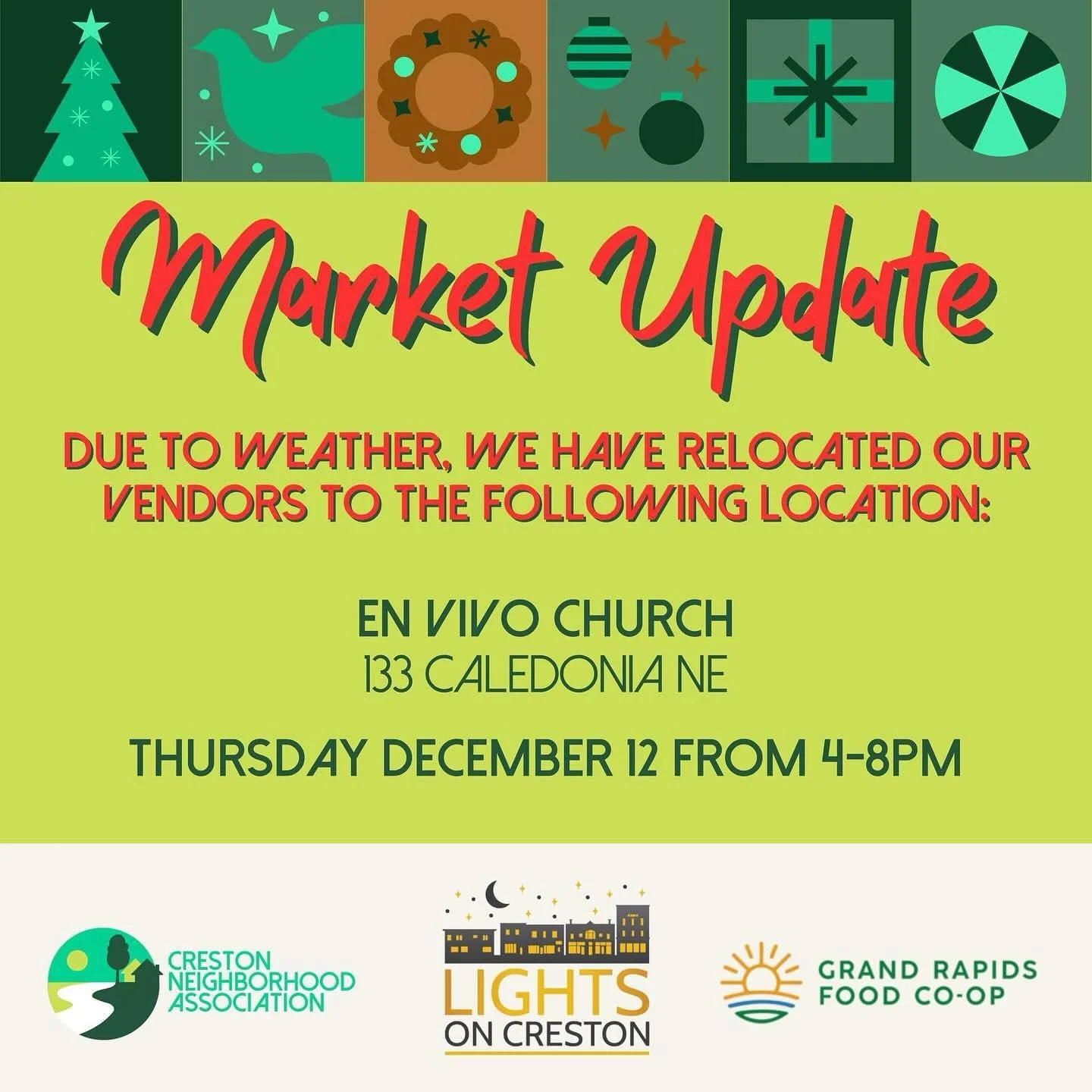 Due to weather, we&rsquo;re moving the market indoors! Come stay warm while still enjoying all of your favorite vendors. We&rsquo;ll see you inside!

#lightsoncreston2024