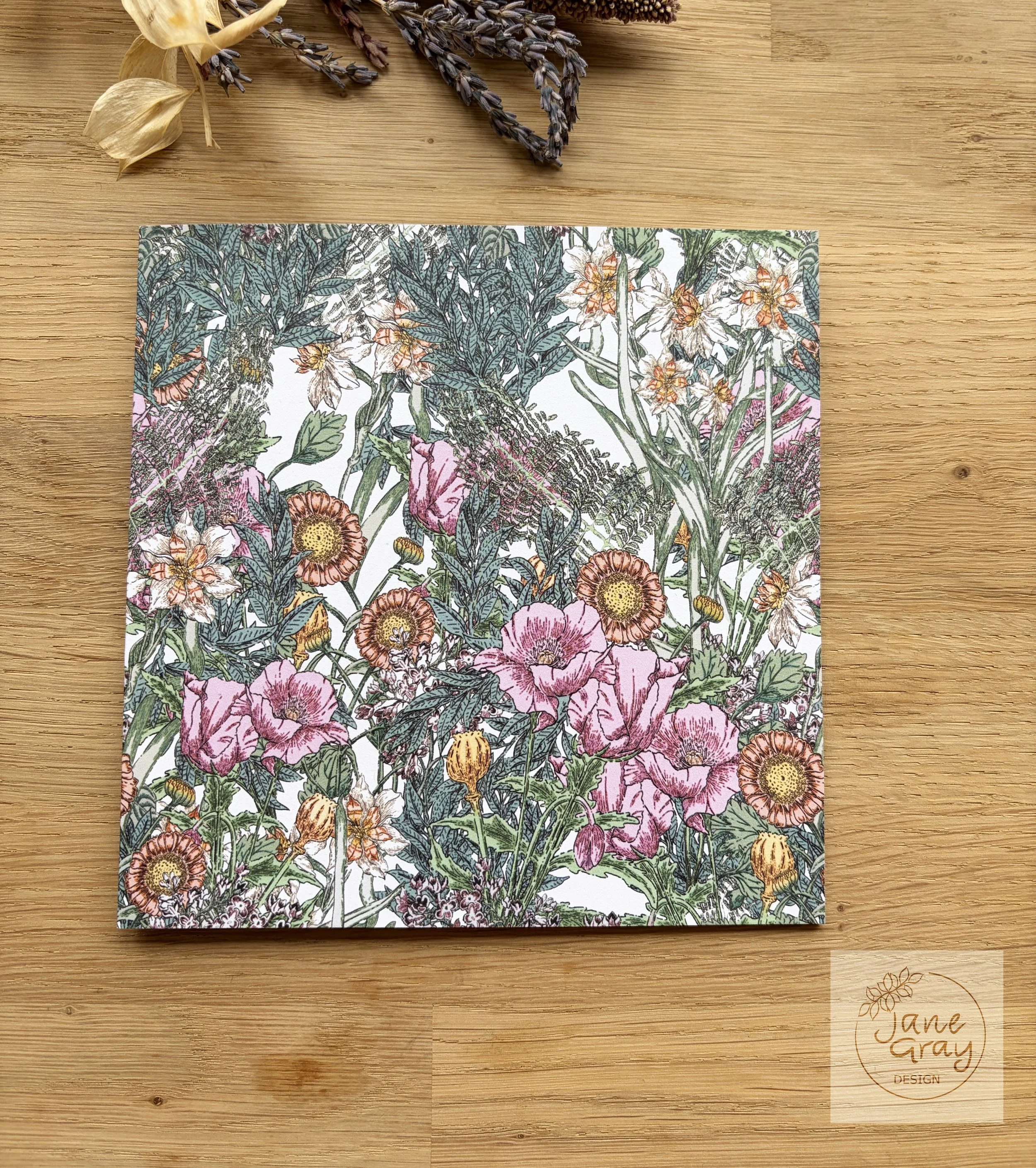 Intricate hand-drawn Poppy Fields illustration on a premium square greeting card by Jane Gray Design