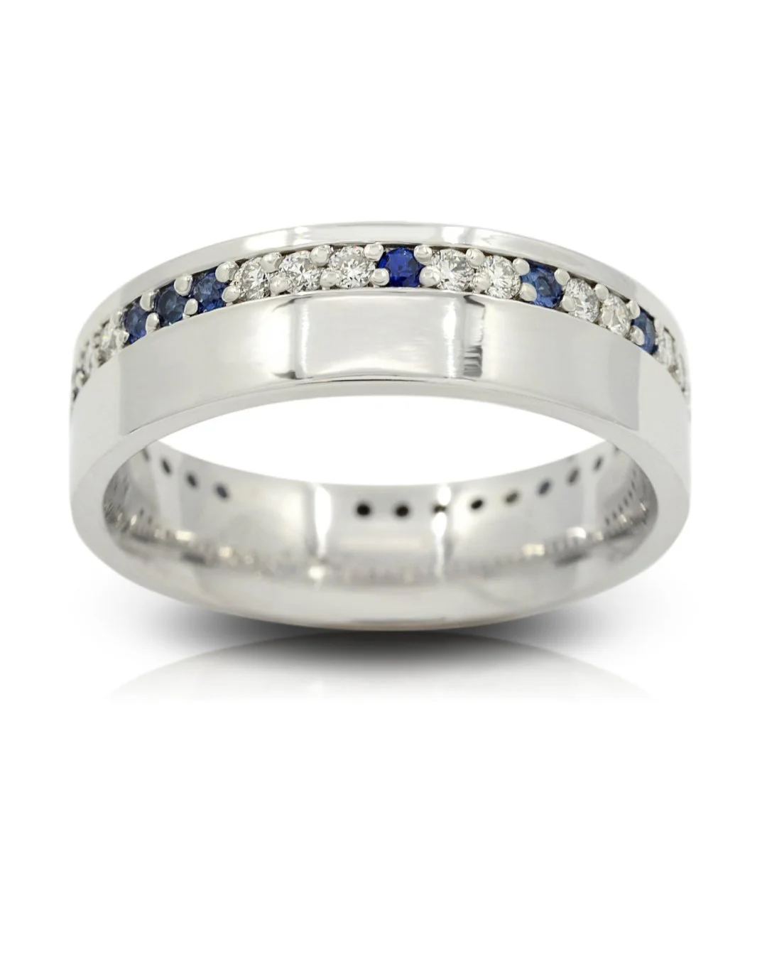 This custom-made men's wedding band in white gold features a modern flat top and an asymmetrical design. Alternating diamonds and vibrant blue sapphires are meticulously set to create a secret Morse code message, adding a unique and personal touch to