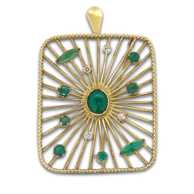 Vintage Green Quartz and Diamond Sunburst Pendant Brooch in 18K Yellow Gold