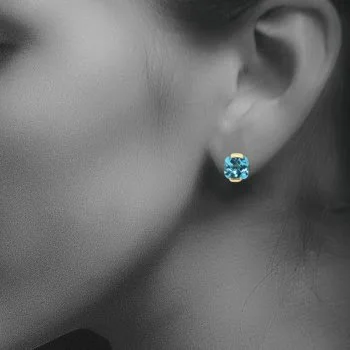 Checkerboard Blue Topaz Stud in Yellow Gold on Ear.jpg