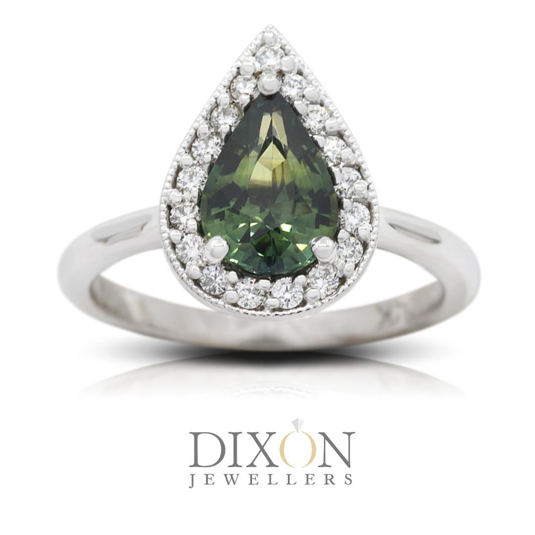 Green-Blue Pear Cut Sapphire Engagement Ring with Diamond Halo