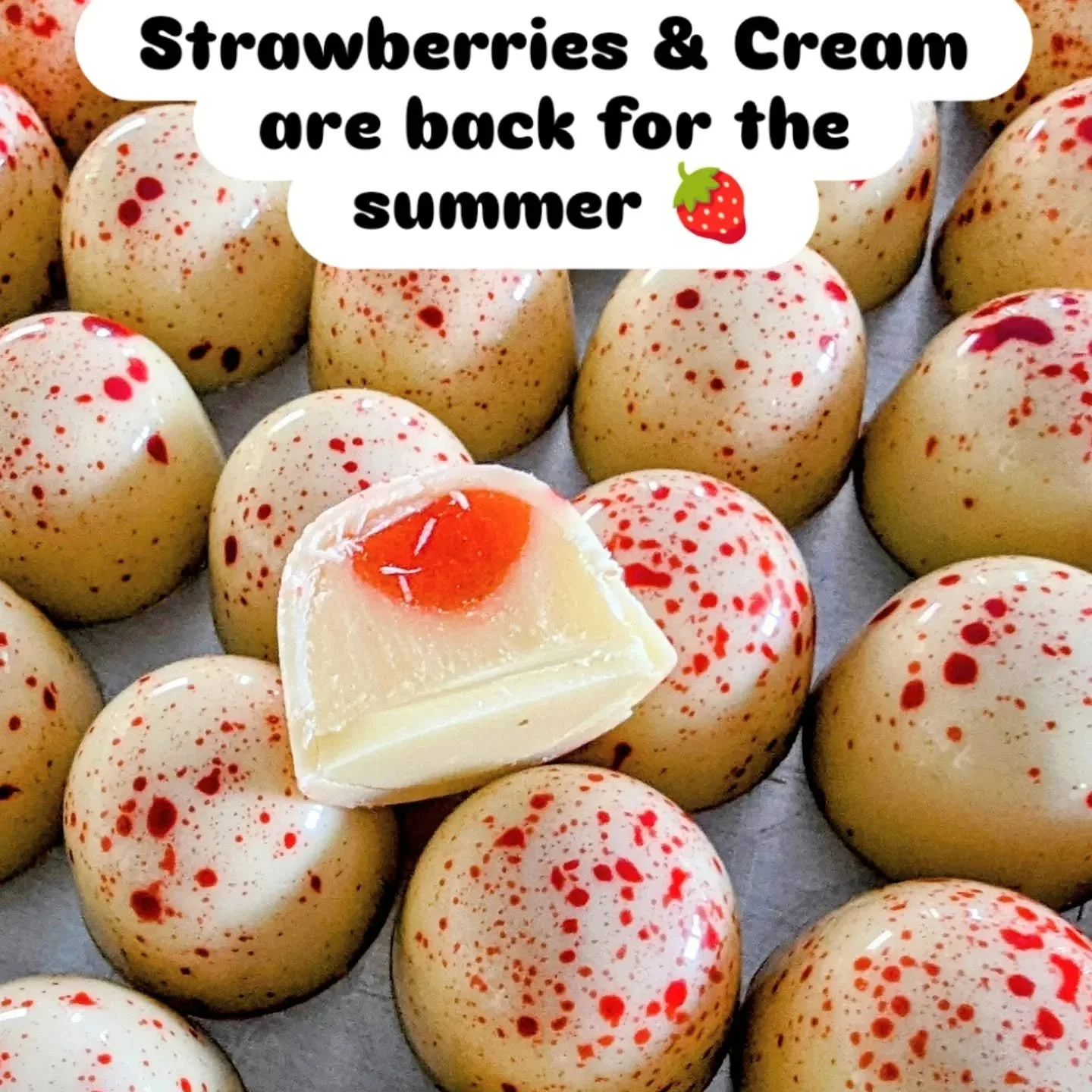 Just in time for the warmer days ahead, my Strawberries &amp; Cream chocolate is back in stock🍓☀️

This one is always a summer favourite &mdash; sweet strawberry pur&eacute;e sits on top of the smoothest white chocolate ganache. It feels just right 