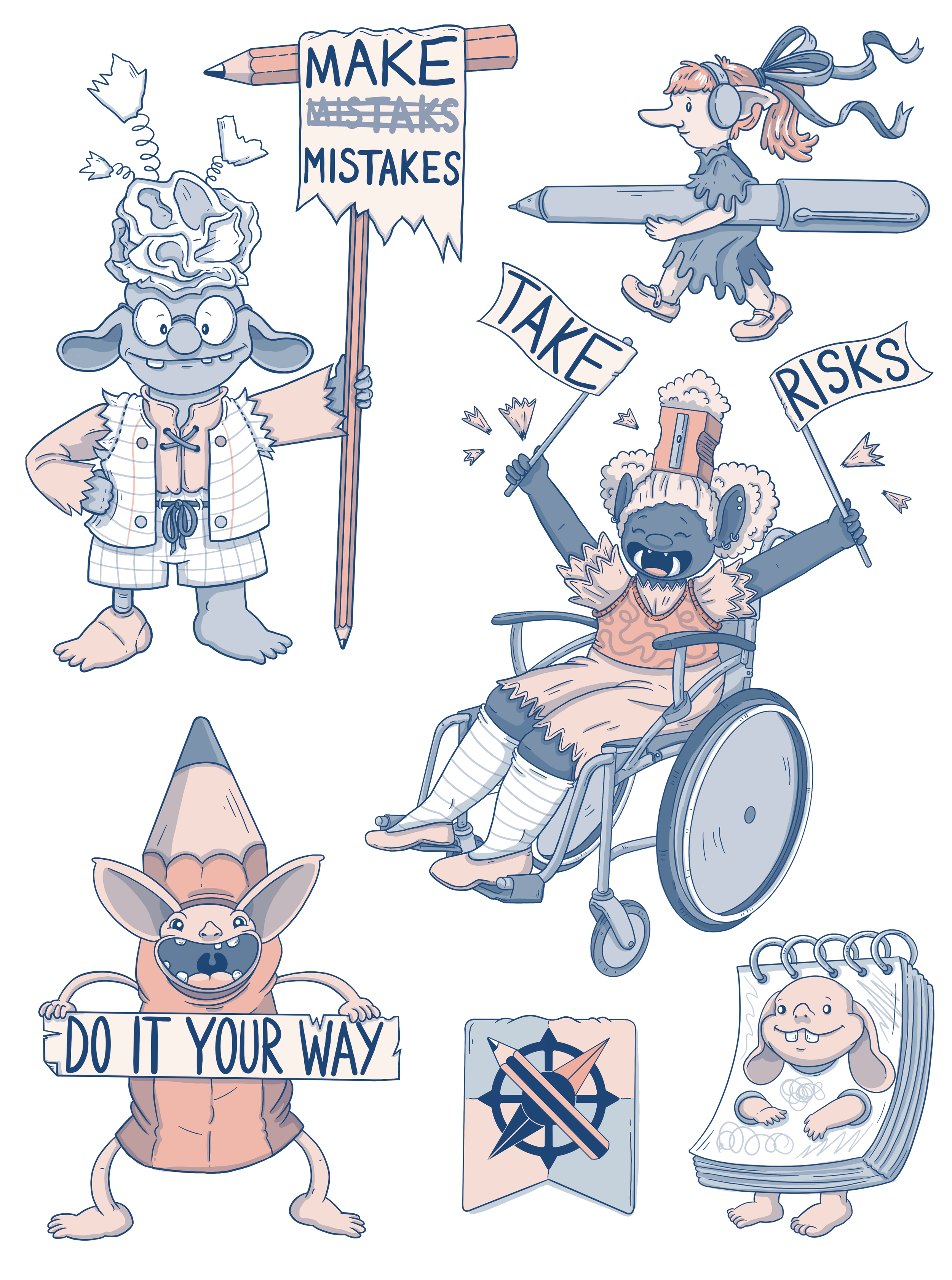 Five small cartoon goblins dressed as pencils, pencil sharpenings, pens and a notepad. Three of them are holding signs that say 'Make mistakes', 'take risks' and 'do it your way.'