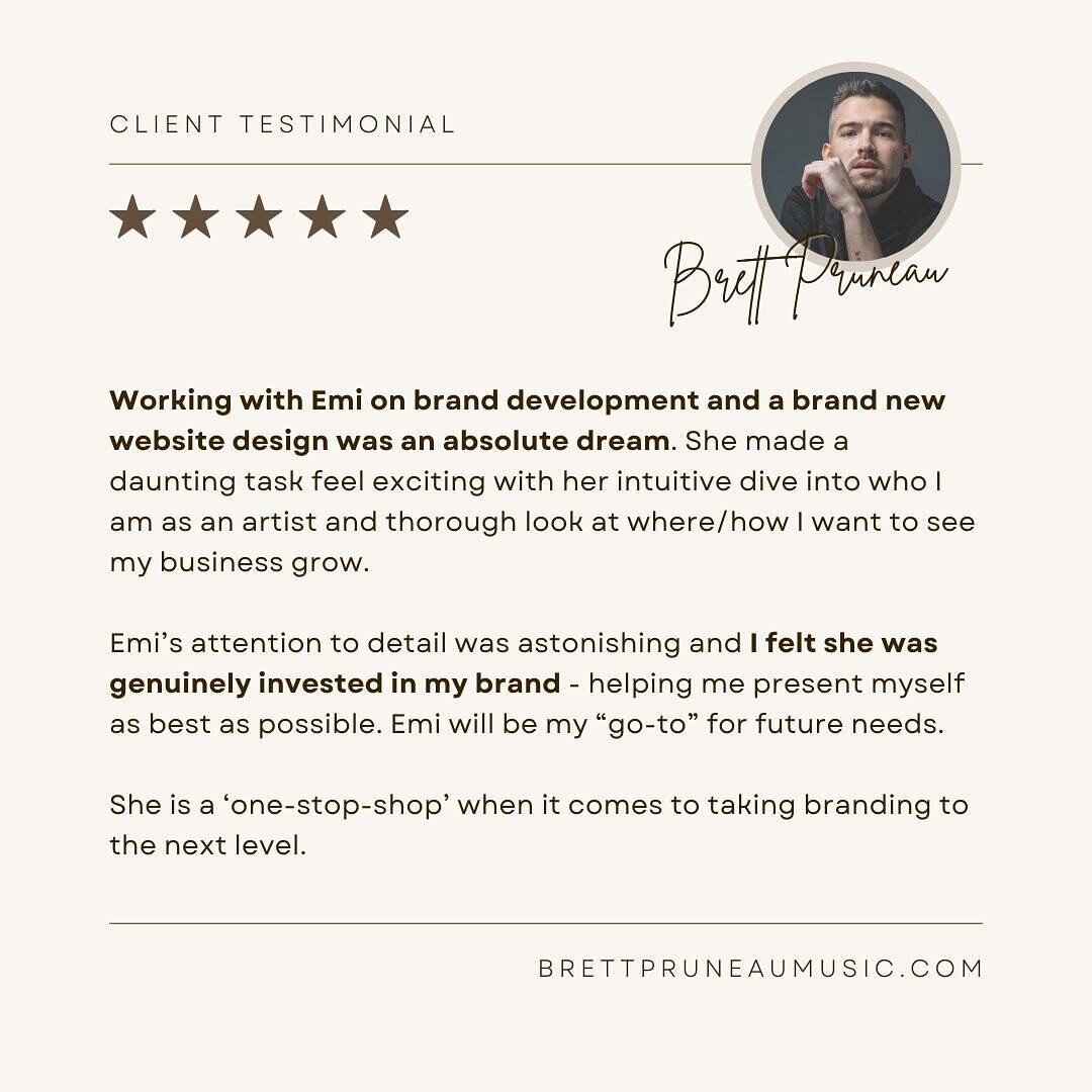 Some kind words from @brettpruneau ✨🙏🏼 Brett&rsquo;s project has been so much fun to work on. You can visit his website via the link in his bio, or brettpruneaumusic.com 😊

Currently booking April/May clients, so message to chat about your website