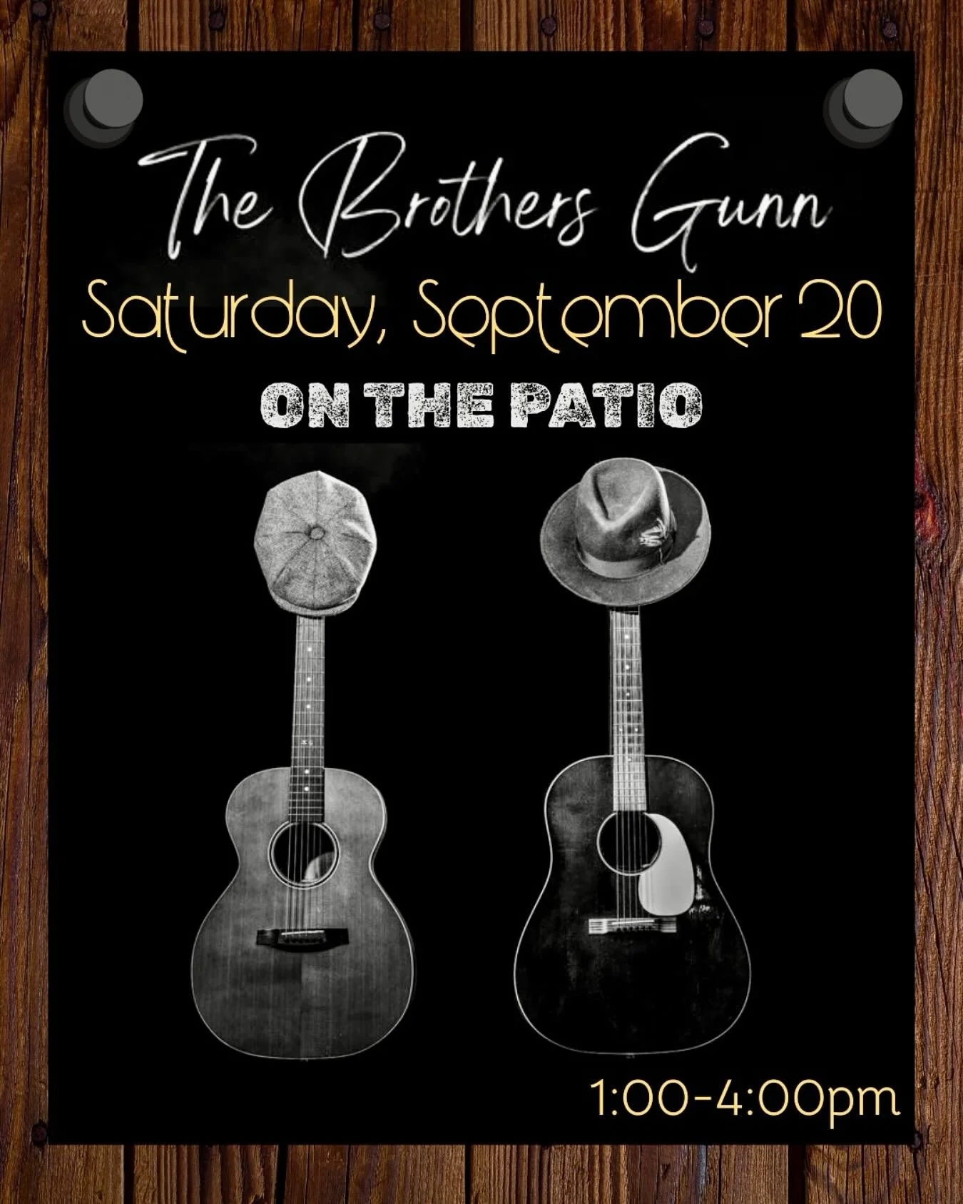 SATURDAY, SEPTEMBER 20 &bull; 1:00-4:00p
THE BROTHERS GUNN 🎸 🎸 

Let the harmonies of The Brothers Gunn speak to your soul while you soak up vineyard views during the peak of the season! 🍇 🎵 🍷 

ℹ️ Individually, Kurt Gunn &amp; Brad Bordini are 