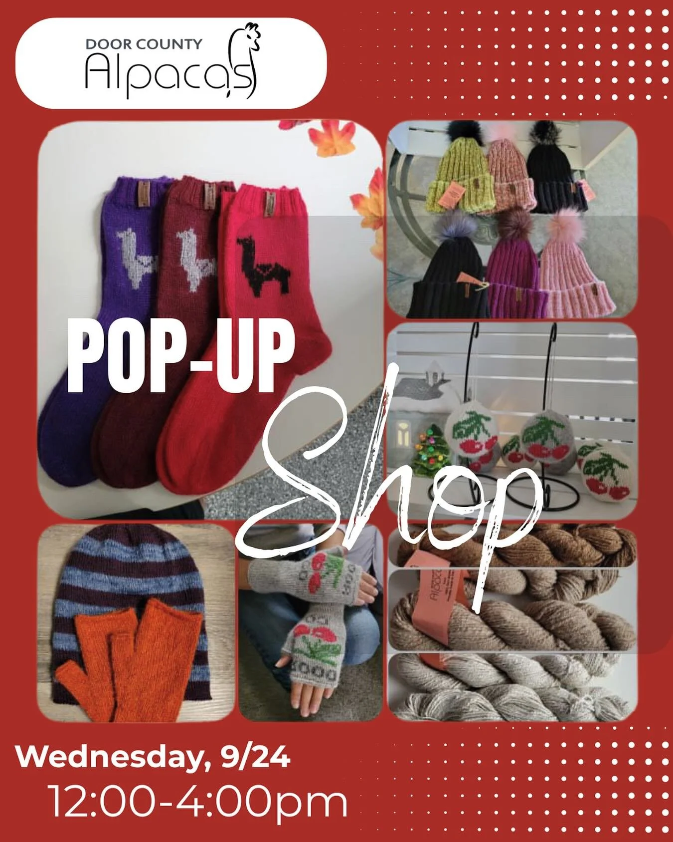 🦙 POP-UP SHOP with DOOR COUNTY ALPACA RANCH

Wednesday, September 24 &bull; 12:00-4:00pm

🍃🍁 Embrace the fall vibes or get a head start on your holiday shopping with gorgeous handmade and machine knit alpaca wares from @doorcountyalpaca🧣🧤🧦 

#d