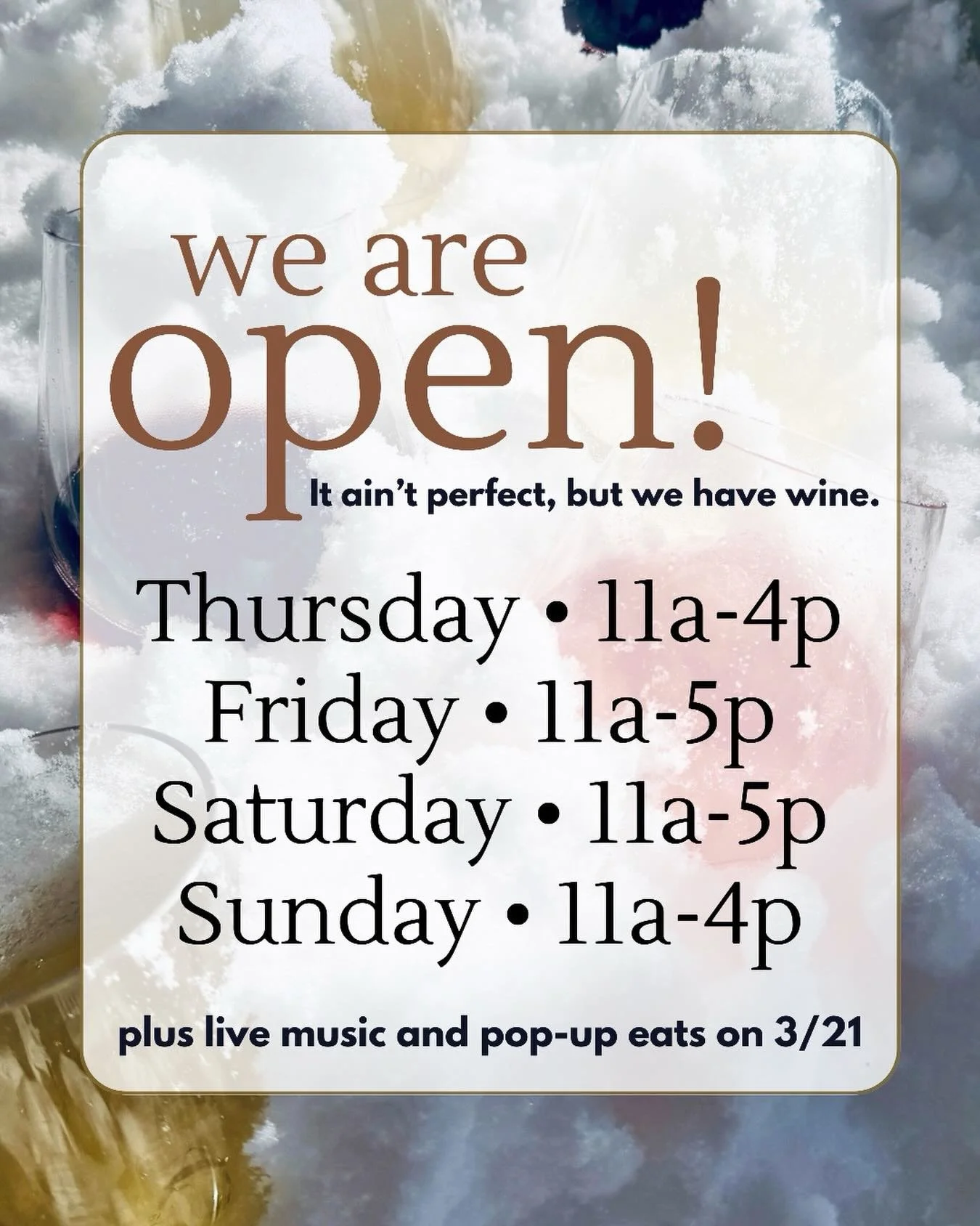 Well, that was fun...❄️ Back to business! 🍷

The roads are clear-ish. The lot is plowed-ish. The forecast is&hellip;well, it&rsquo;s Wisconsin, never mind that. 

It ain&rsquo;t perfect, but we have wine!

We are OPEN for our regular hours:
Thursday
