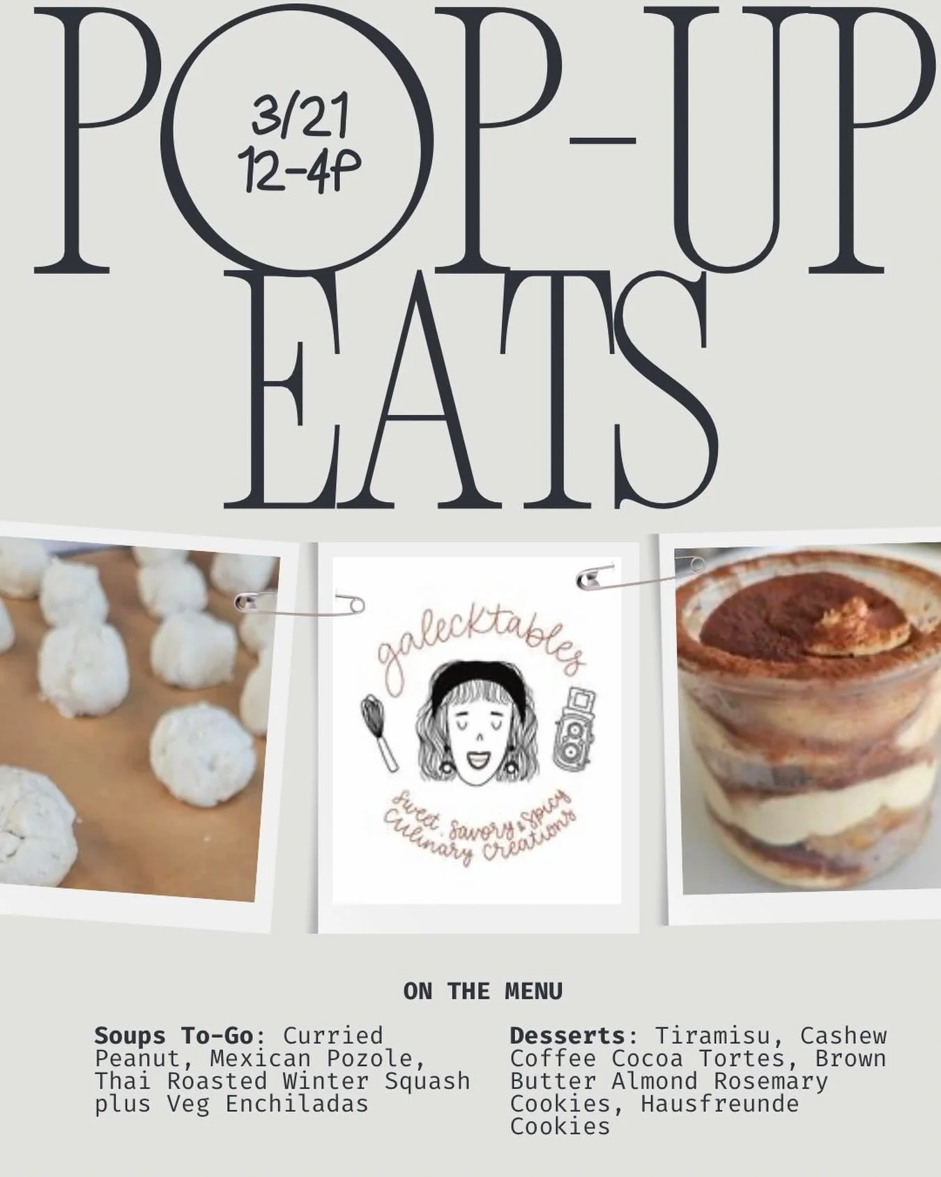 POP-UP EATS: @galecktables 🗓️ SAT 3/21 &bull; 12-4PM

Who says you can&rsquo;t have dessert first? 🍪 Join us for a glass of wine and savor some truly delectable treats!

⏲️ Then skip dinner prep and take home ready-to-bake soups or enchiladas! 🥣

