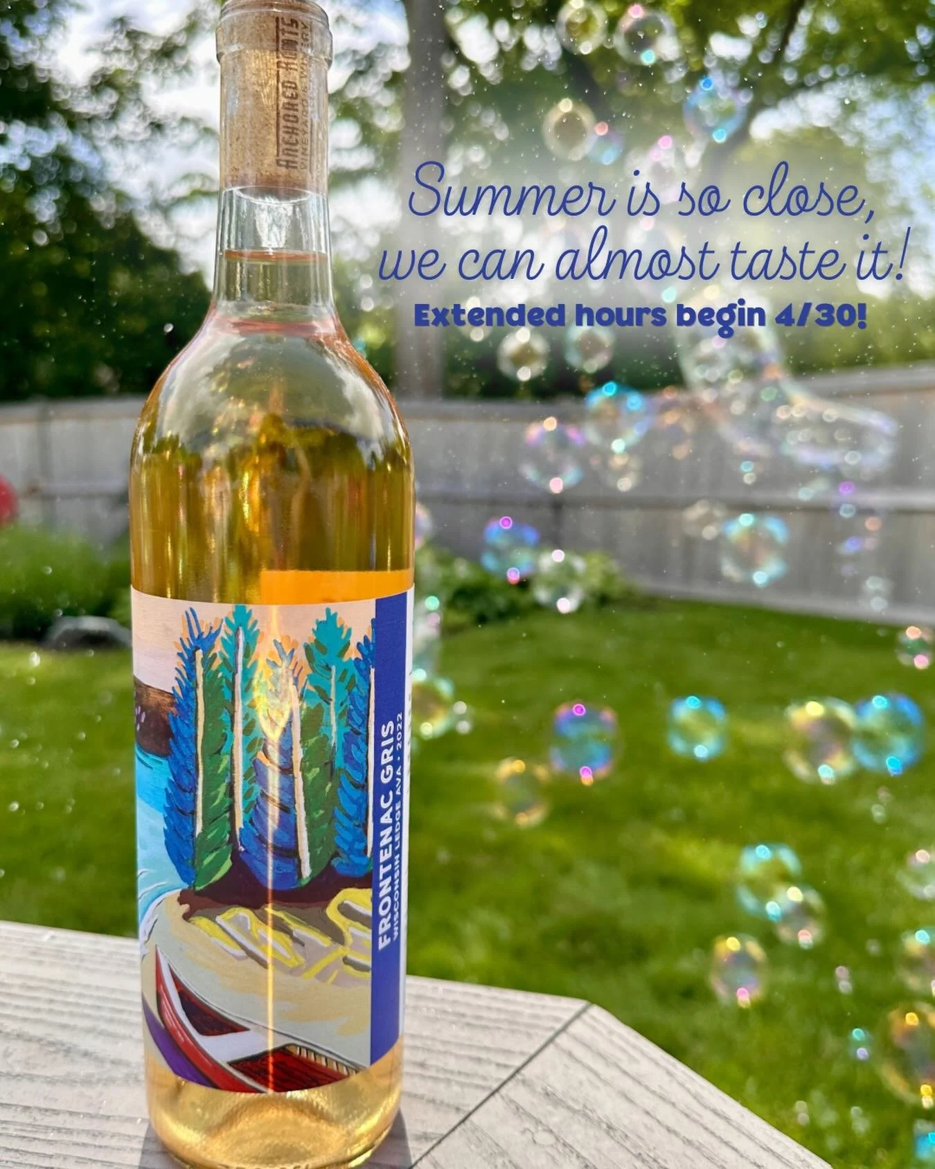 Summer is so close, we can almost taste it! 🫧 Extended hours begin Thursday, April 30 &bull; 11a-5p. 

For our complete hours, visit 🕚 https://www.anchoredrootswine.com/hours

#summer #wine #doorcounty #frontenacgris #winetasting

@doorcountywinetr